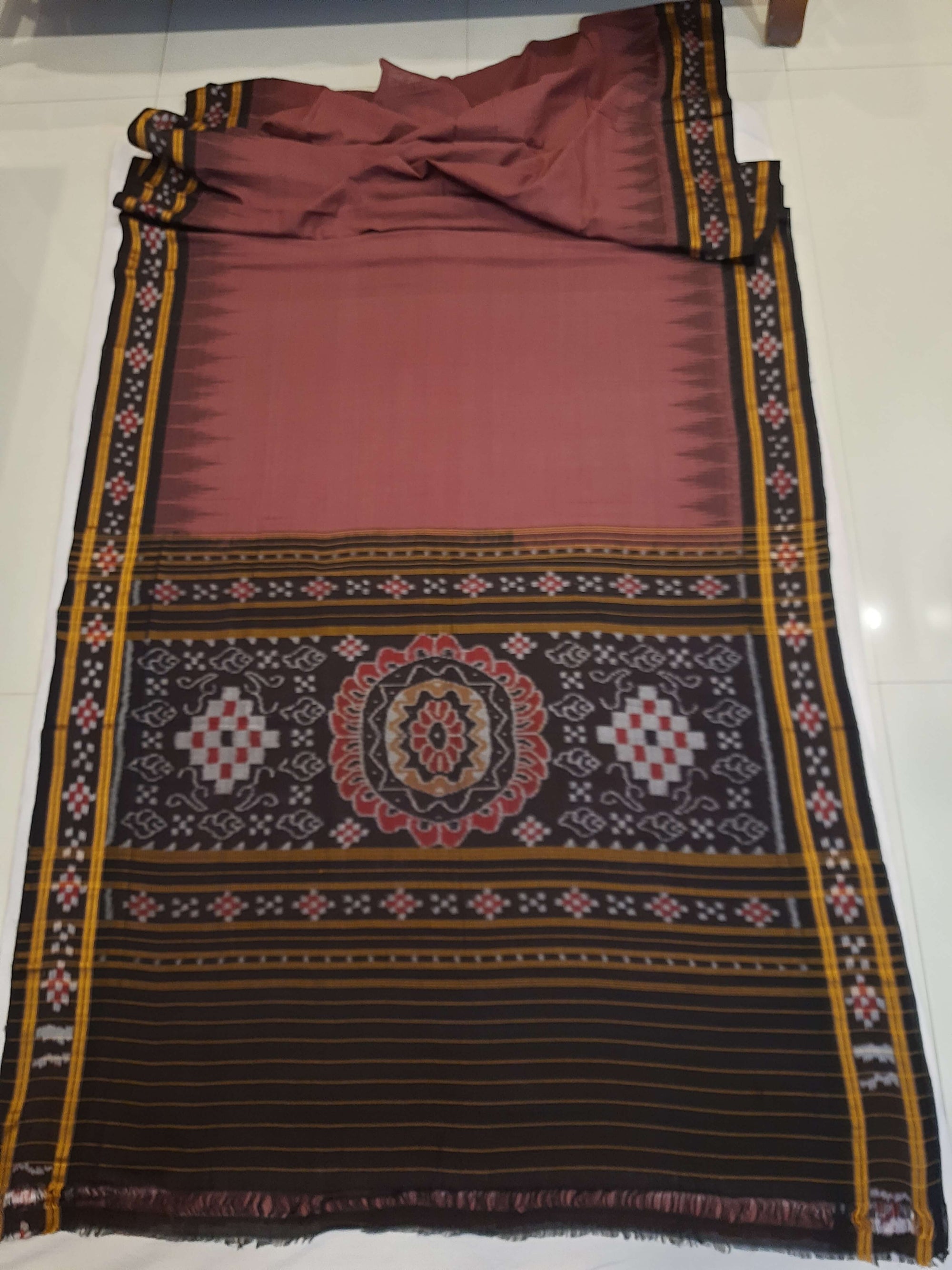 Dark Wine Cotton Odisha Ikat saree with cotton ikat blouse piece