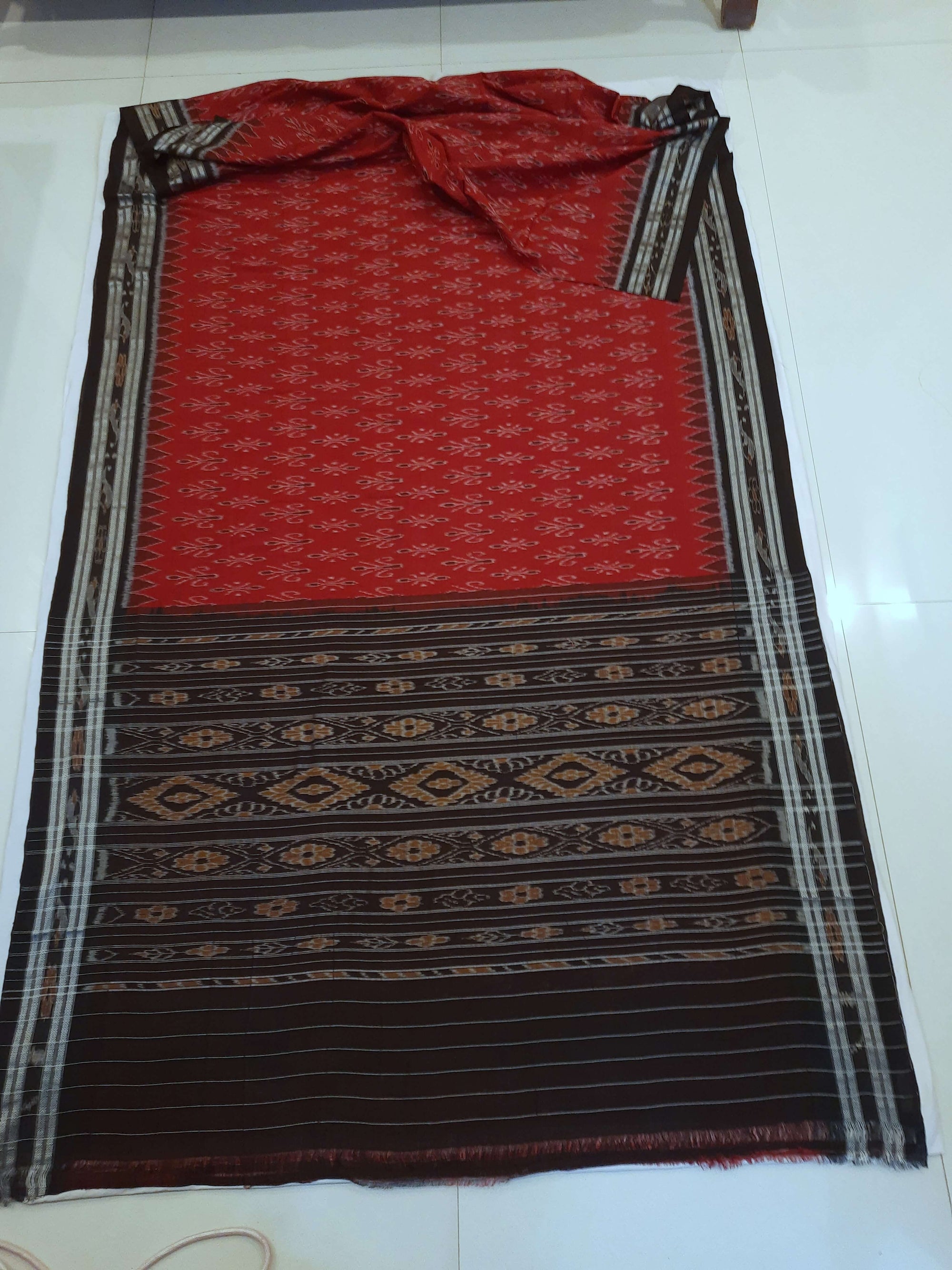 Maroon Cotton Odisha Ikat saree with cotton ikat blouse piece