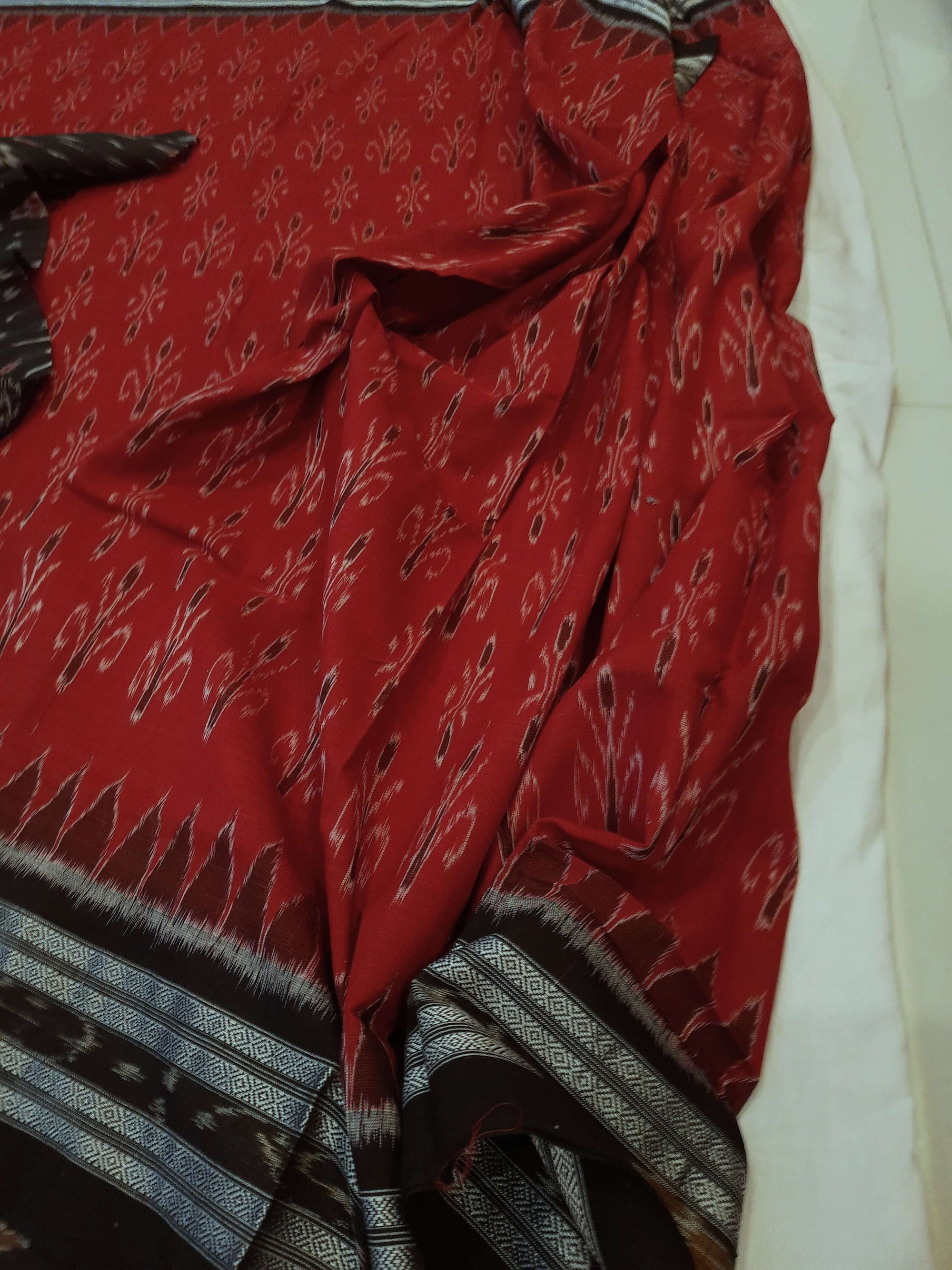 Maroon Cotton Odisha Ikat saree with cotton ikat blouse piece