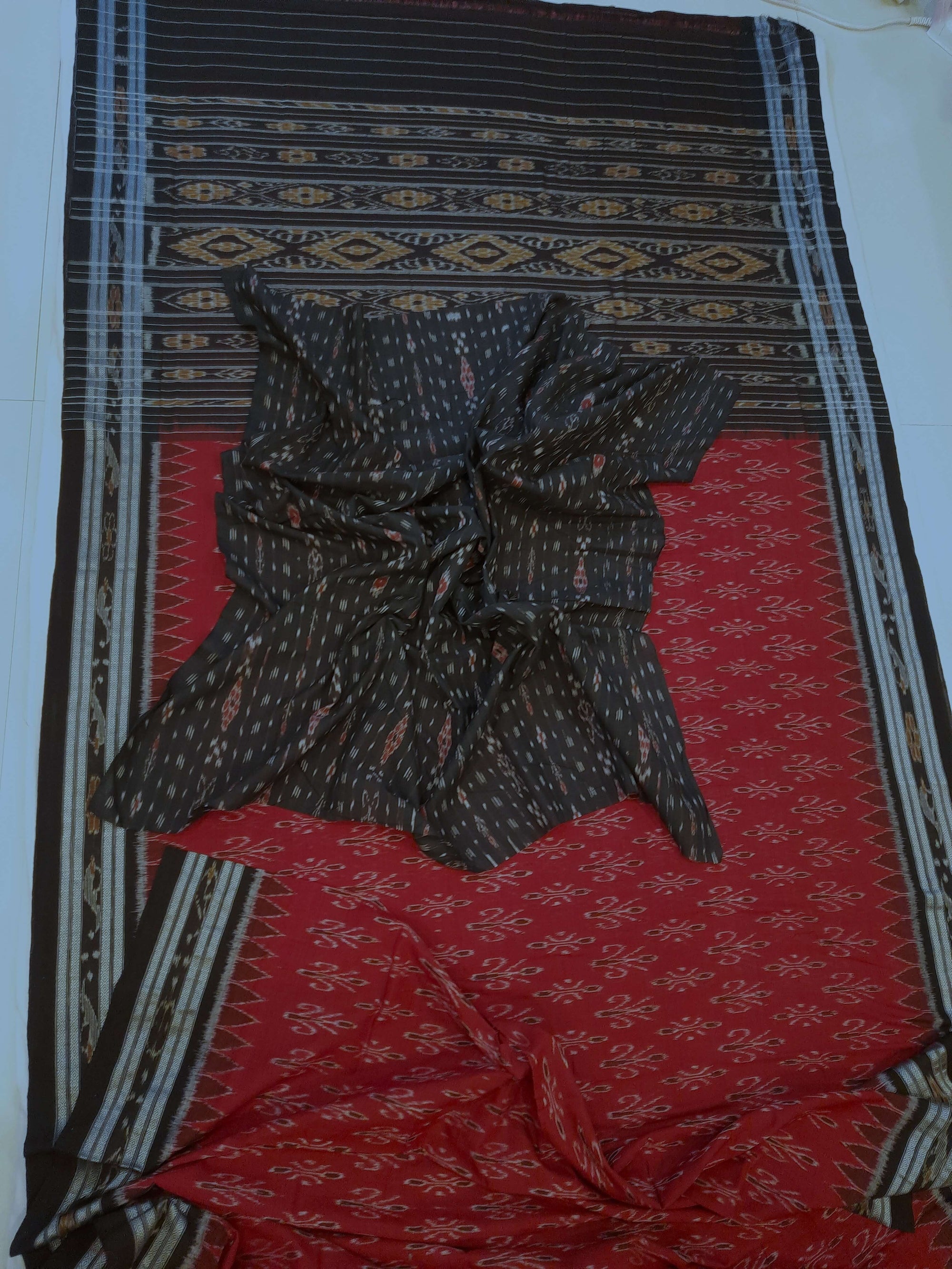 Maroon Cotton Odisha Ikat saree with cotton ikat blouse piece