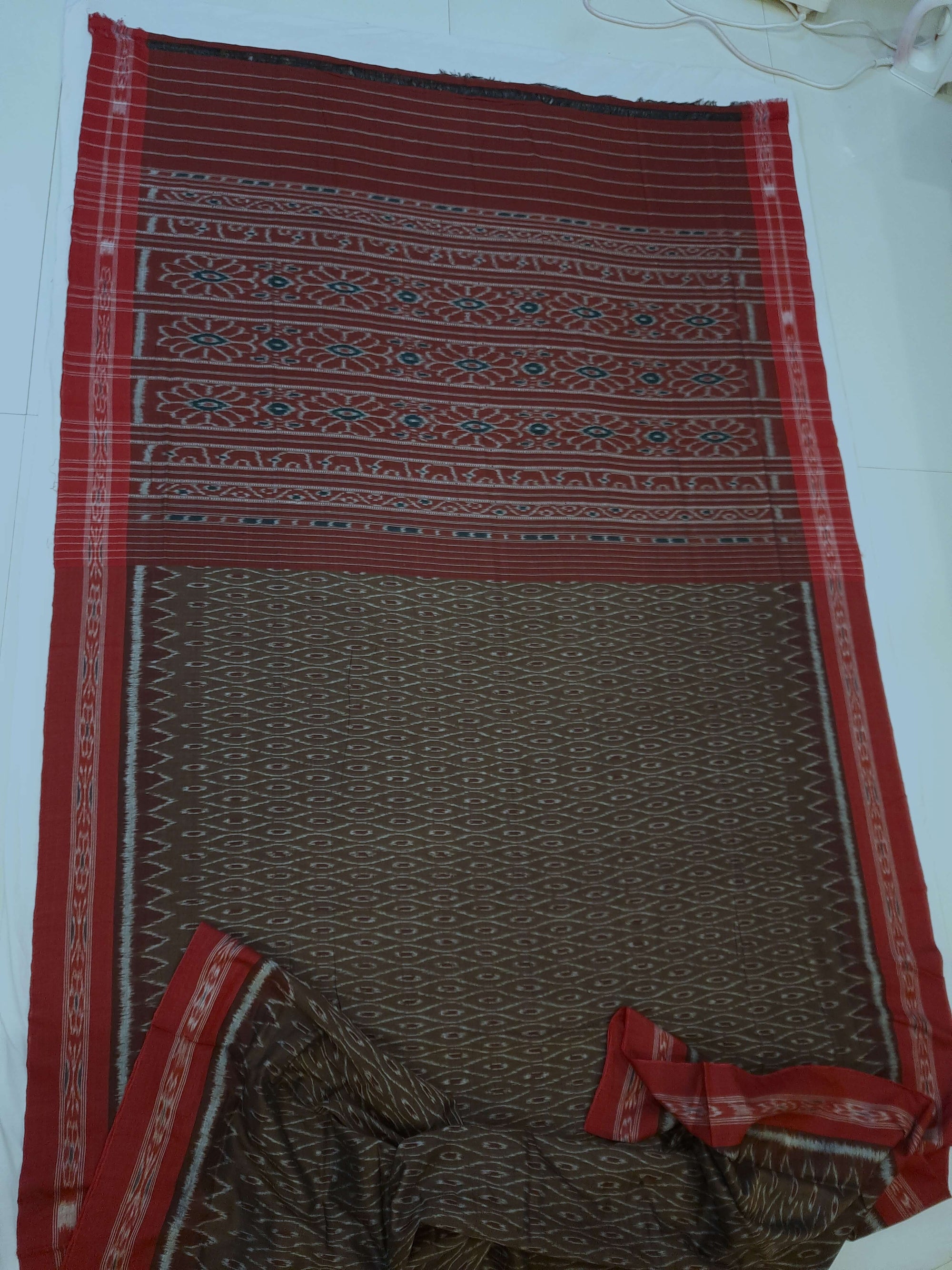 Brown Cotton Odisha Ikat saree with cotton ikat blouse piece