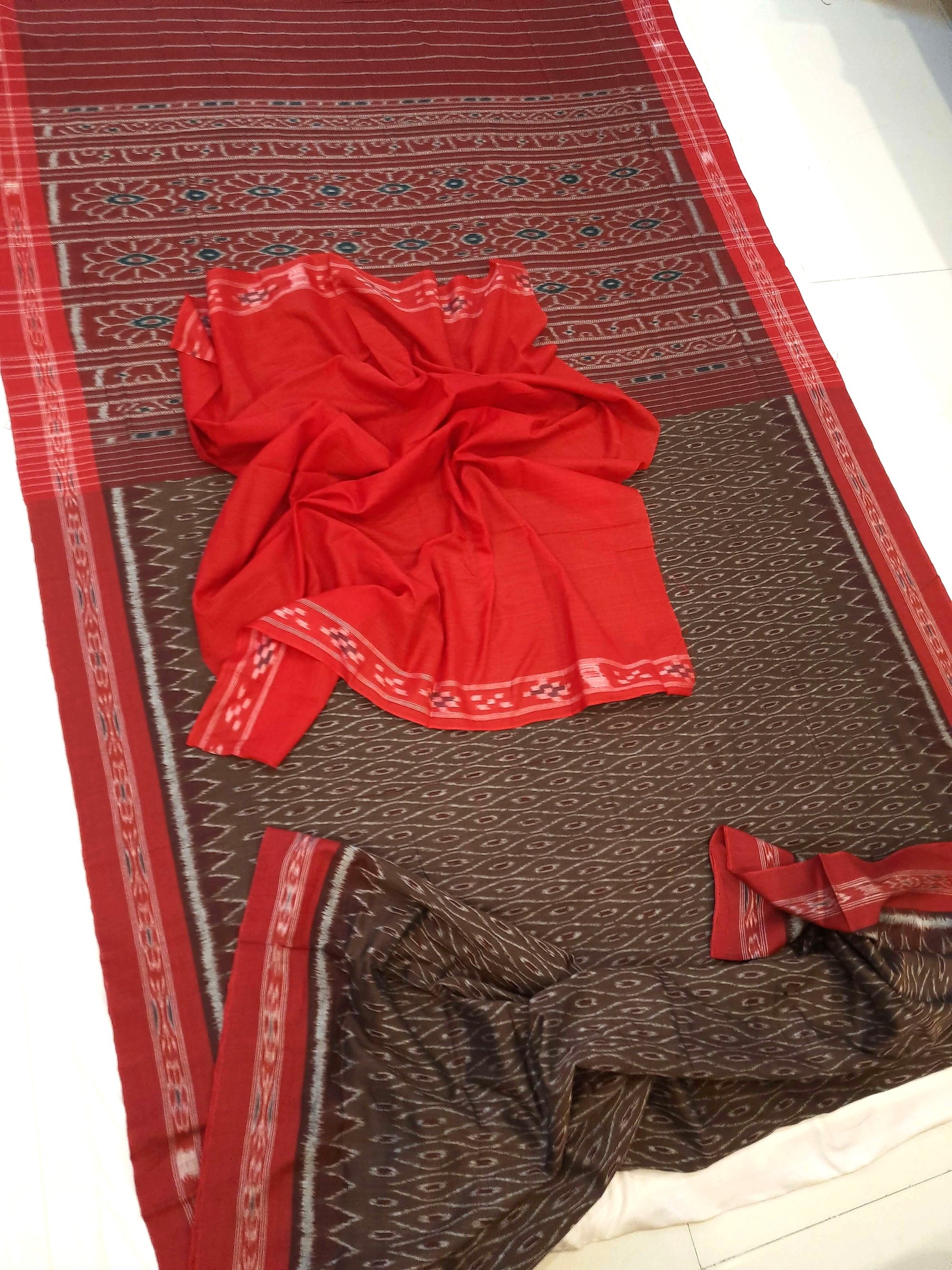 Brown Cotton Odisha Ikat saree with cotton ikat blouse piece