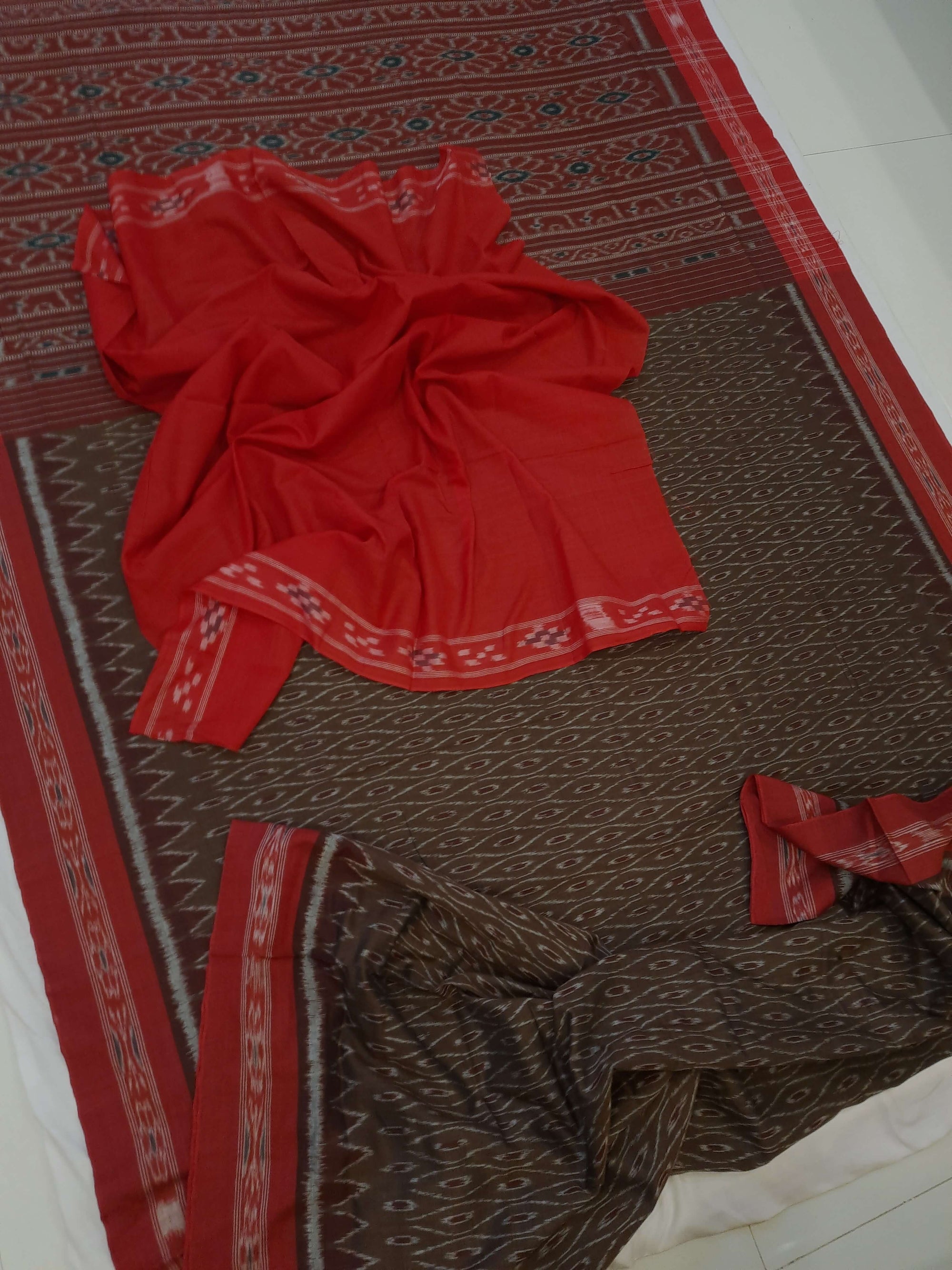 Brown Cotton Odisha Ikat saree with cotton ikat blouse piece