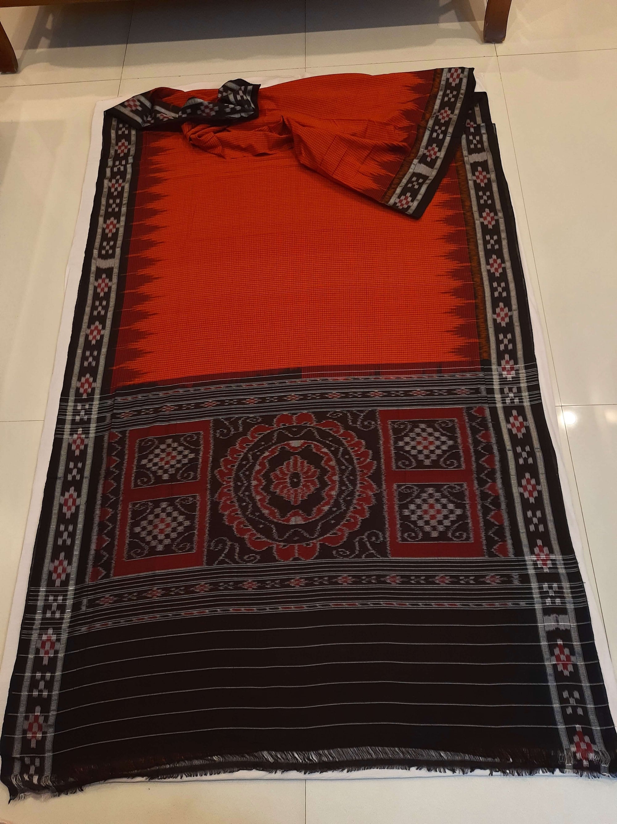 Orange checkered body Cotton Odisha Ikat saree with cotton ikat blouse piece