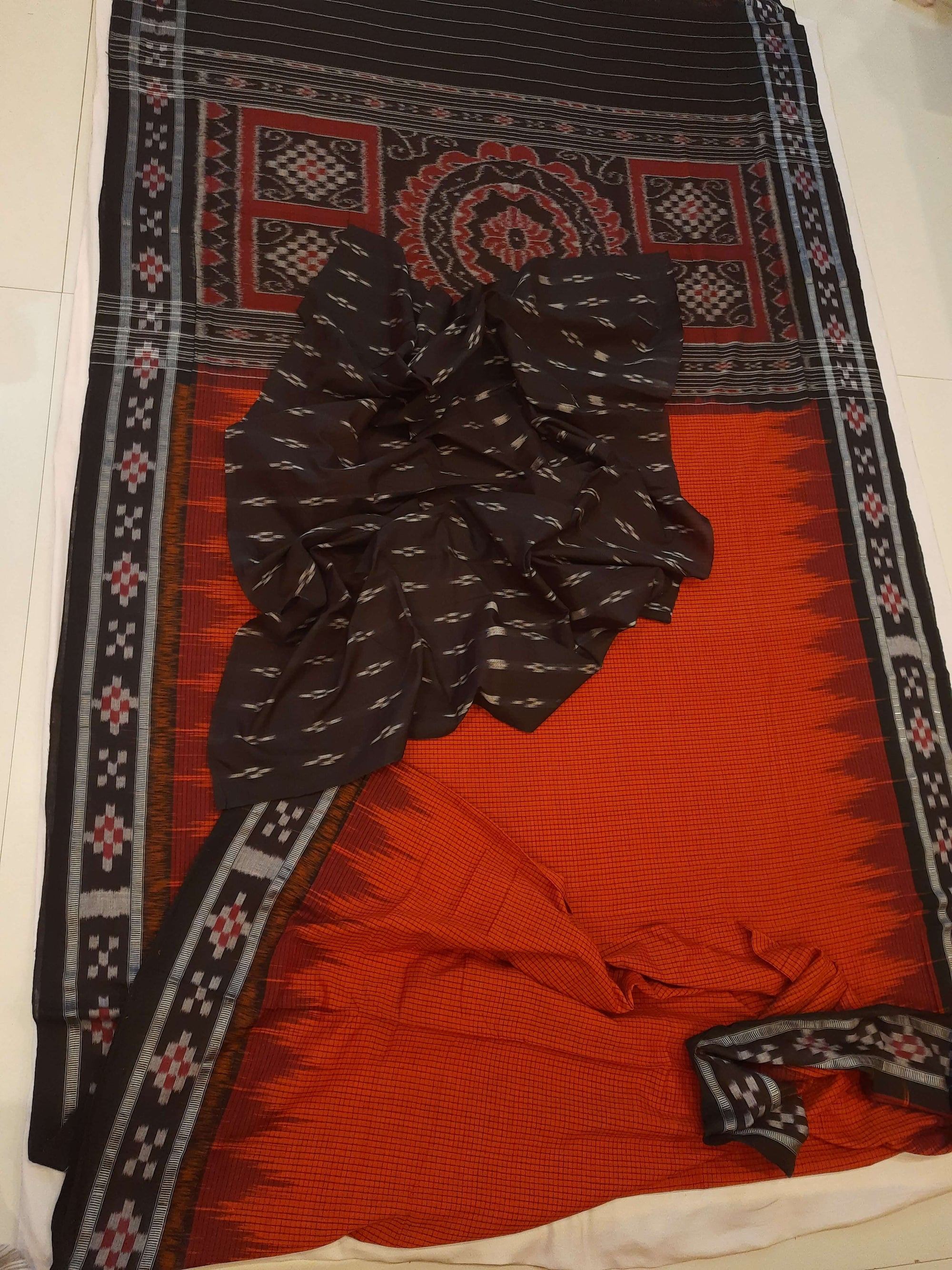 Orange checkered body Cotton Odisha Ikat saree with cotton ikat blouse piece