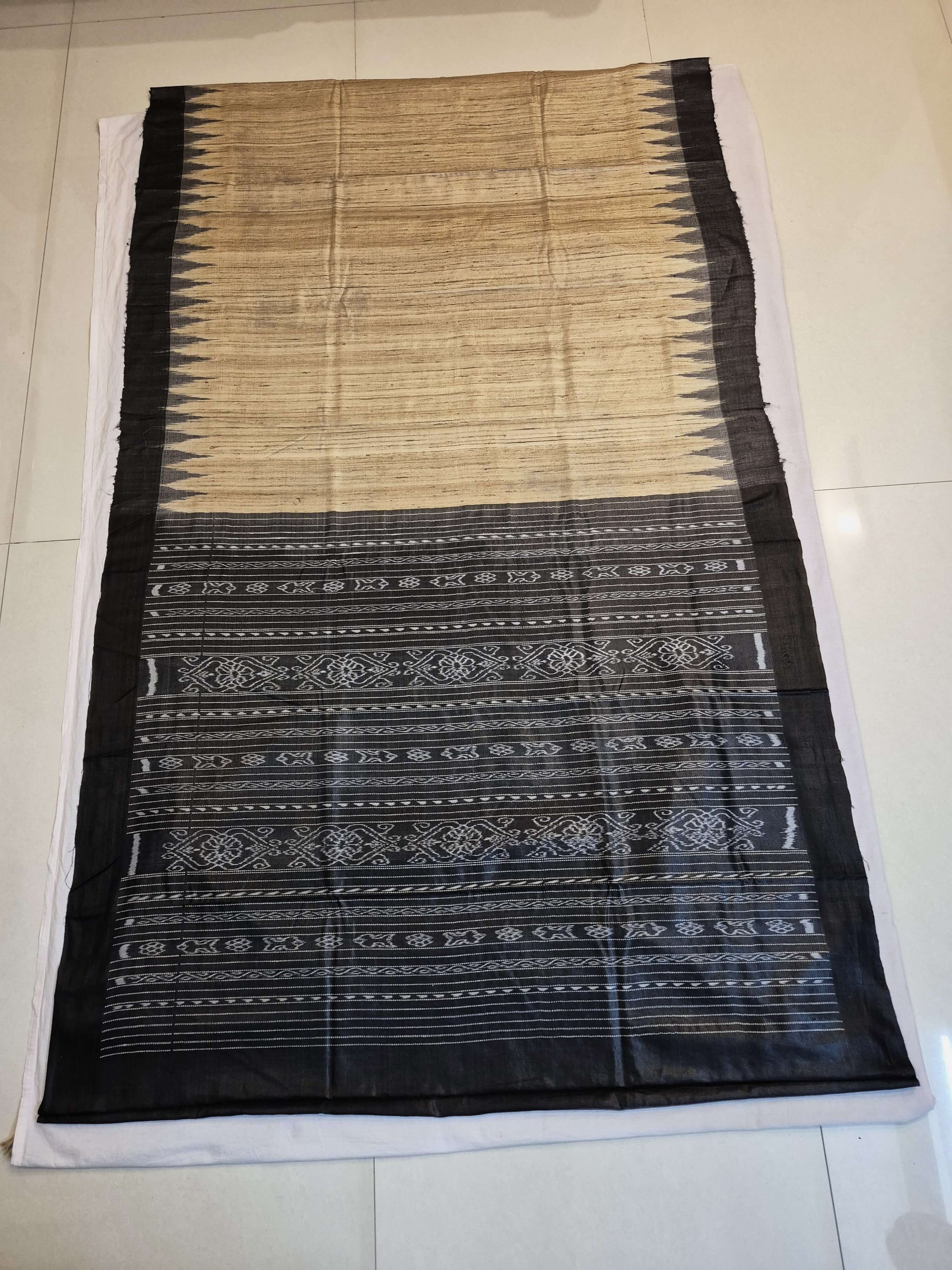 Beige with Black Tussar Ghicha Silk Odisha ikat saree with running blouse piece
