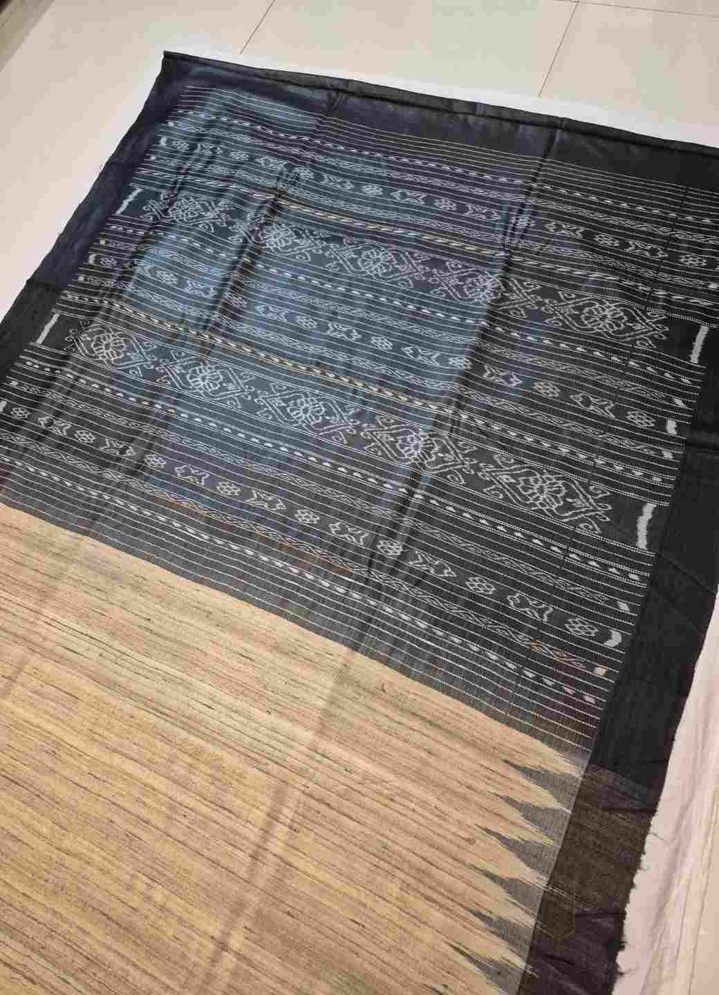 Beige with Black Tussar Ghicha Silk Odisha ikat saree with running blouse piece