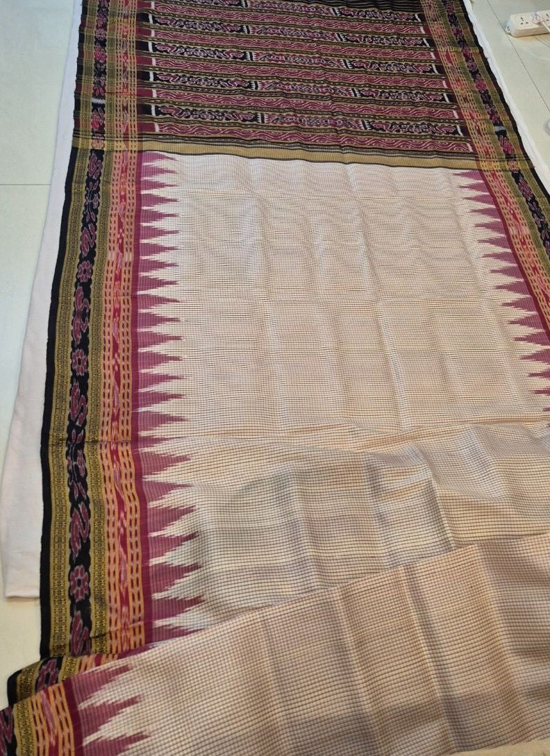 Beige Sachipar pattern Odisha Khandua Pata Silk Saree with cotton ikat blouse piece