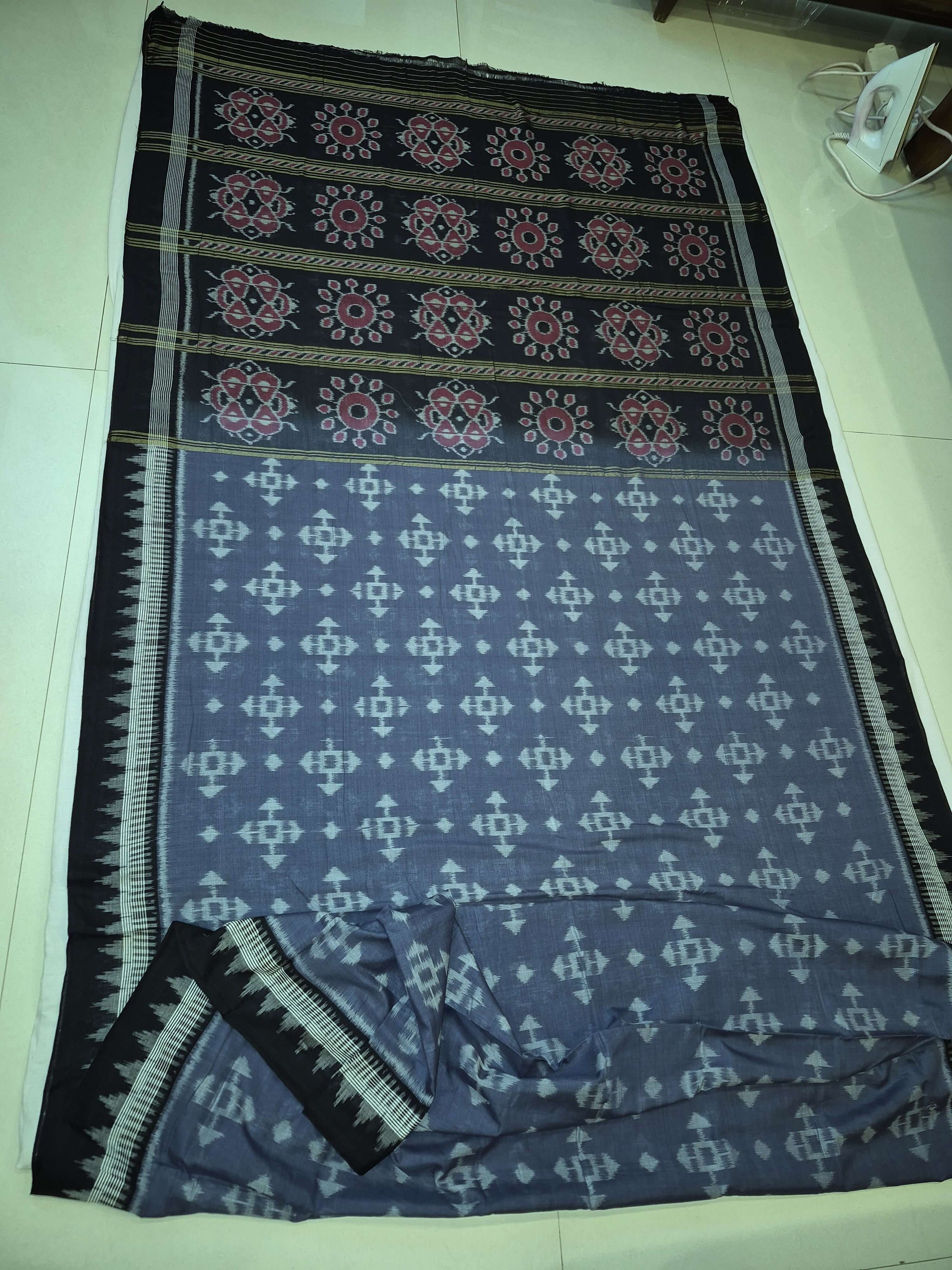 Grey Cotton Ikat saree with cotton ikat blouse piece