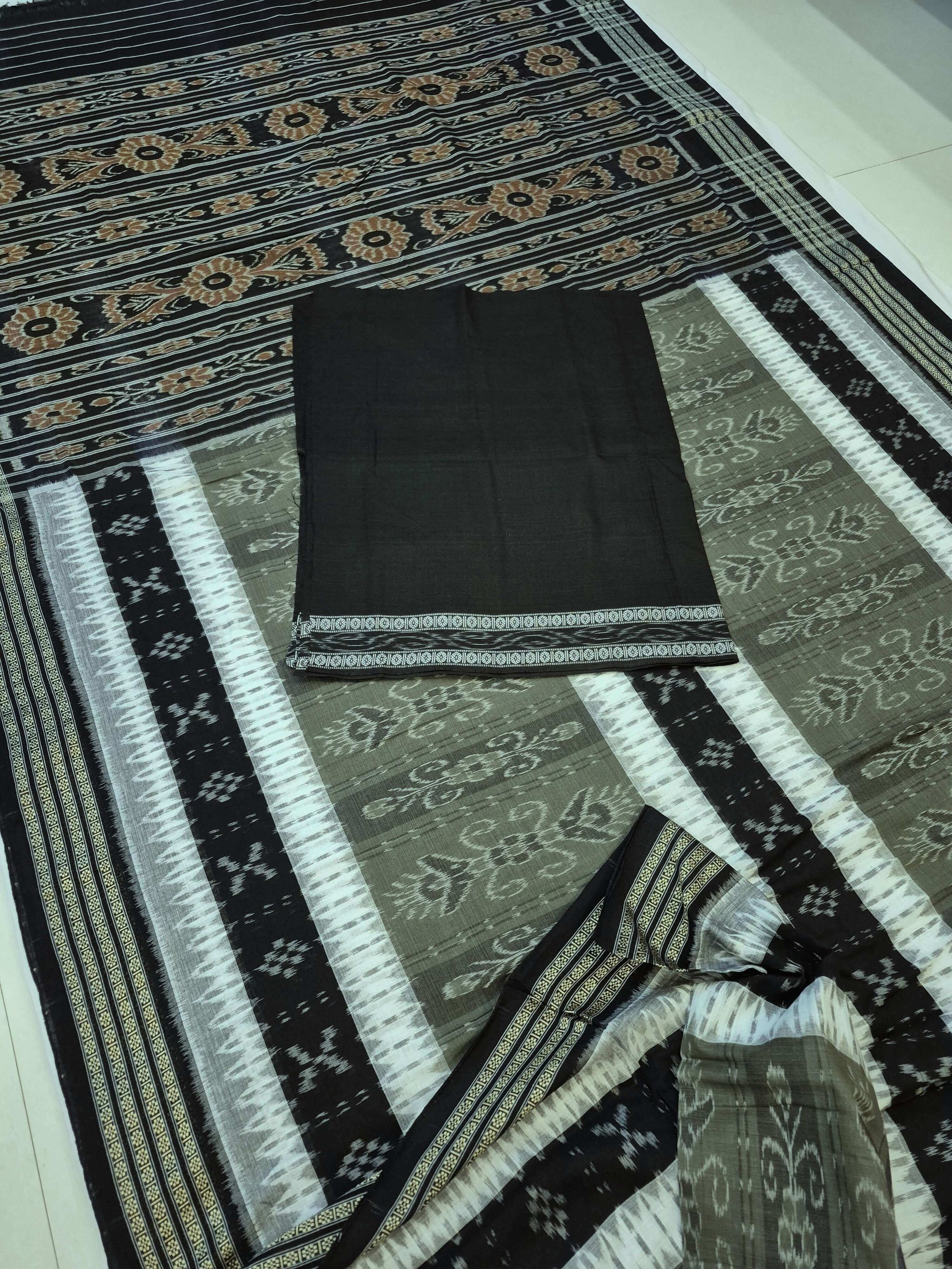 Green with Black Cotton Ikat saree with cotton ikat blouse piece