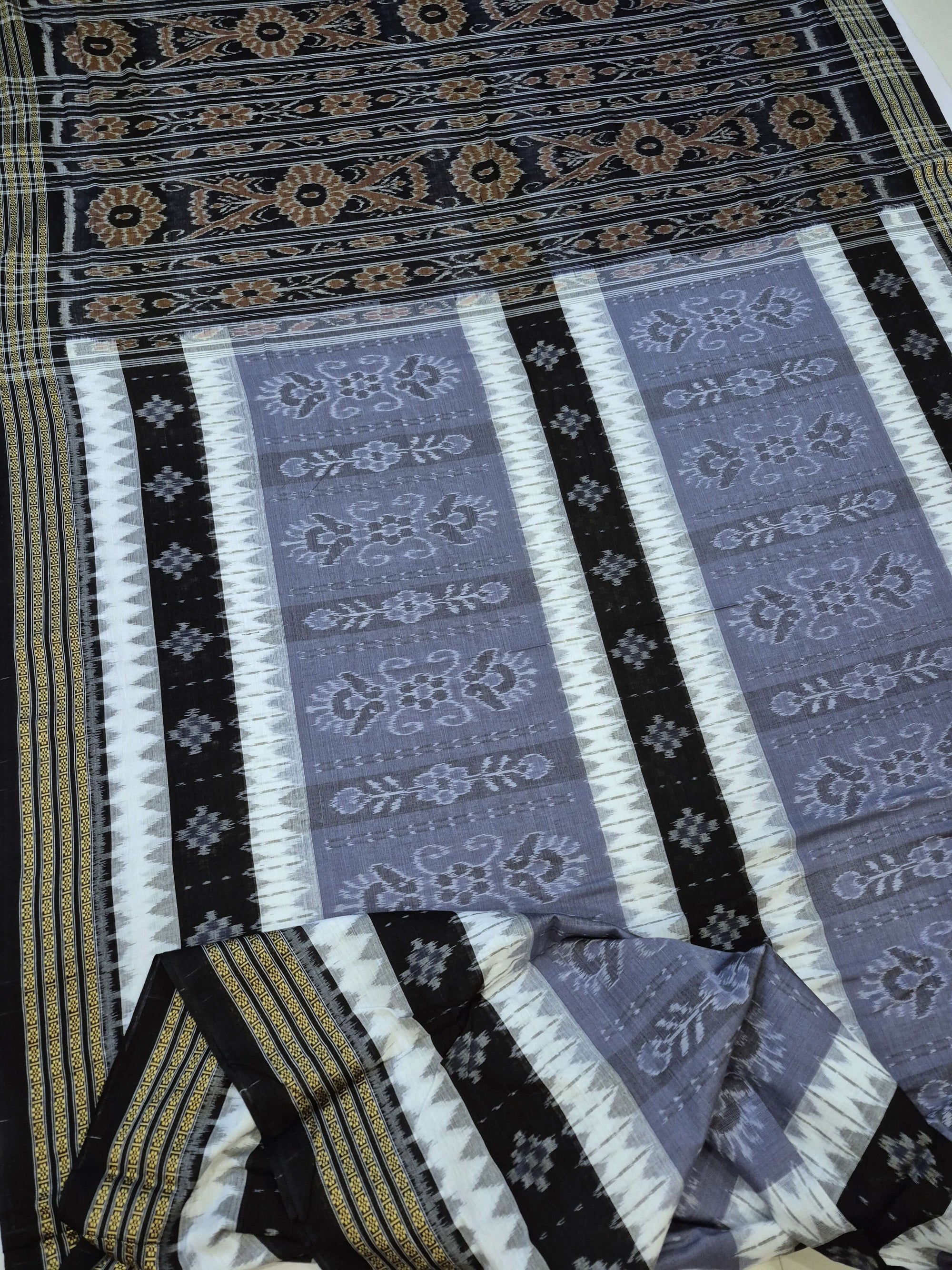 Grey with Black Cotton Ikat saree with cotton ikat blouse piece