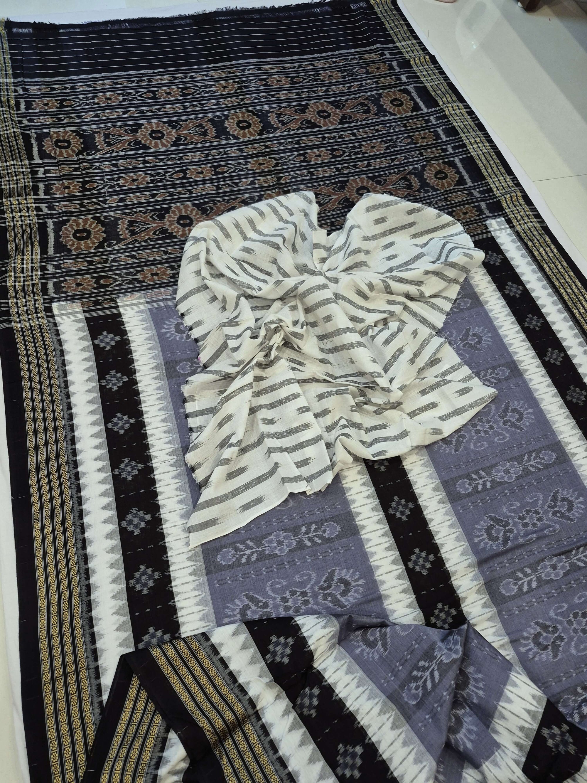 Grey with Black Cotton Ikat saree with cotton ikat blouse piece