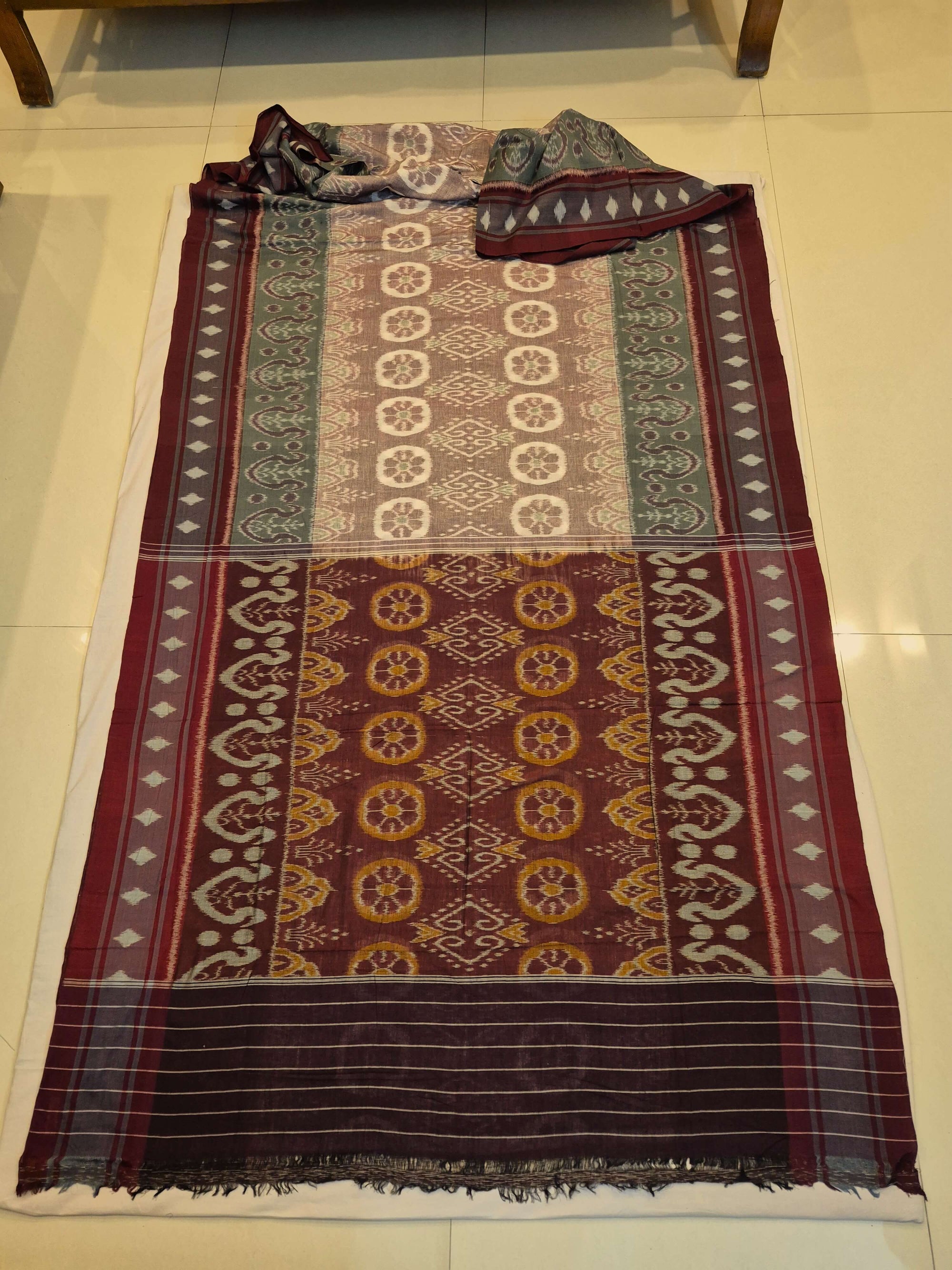 LightBrown Cotton Ikat saree with cotton ikat blouse piece