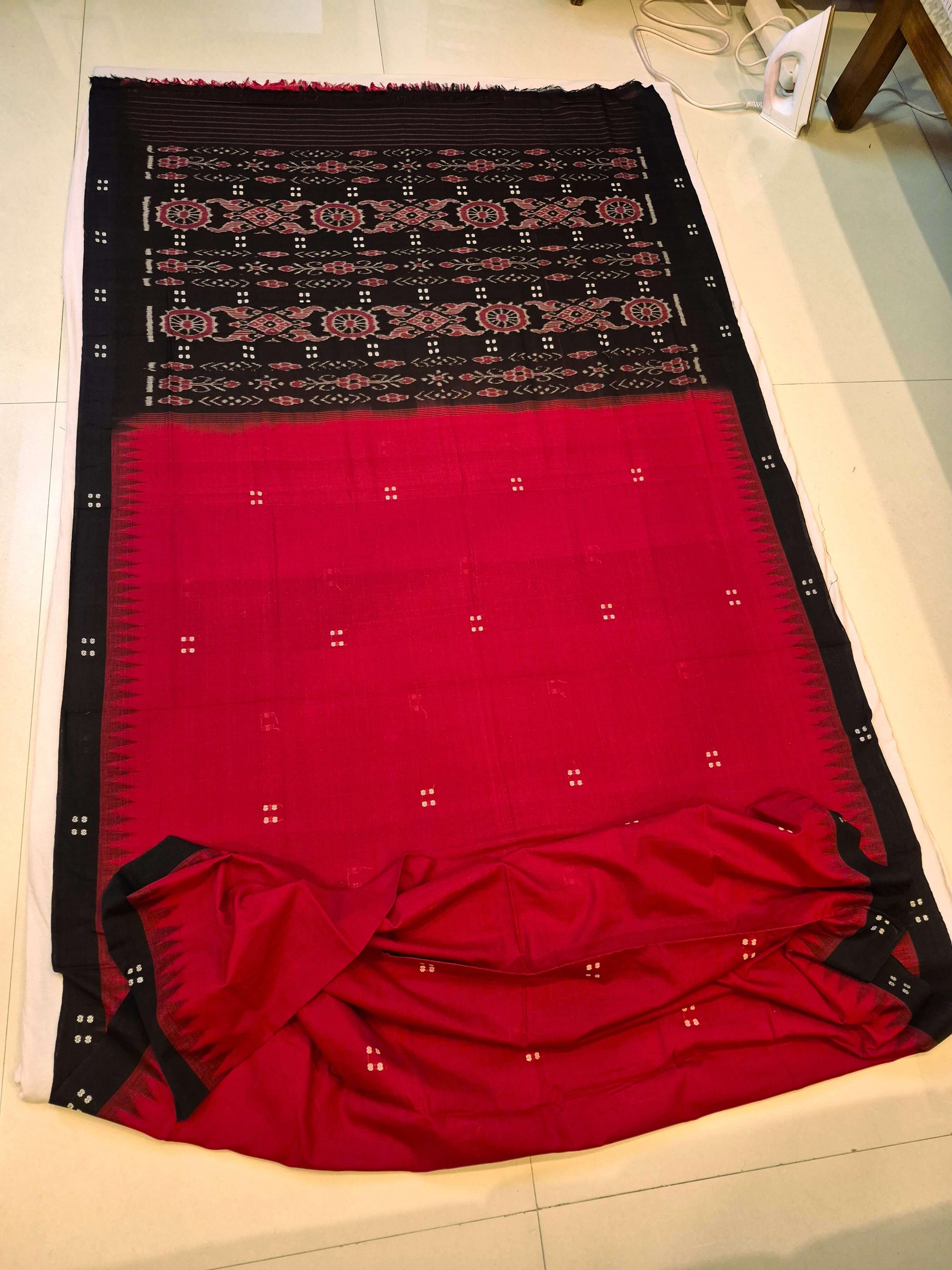 Red and Black Cotton Odisha Ikat saree with cotton ikat blouse piece