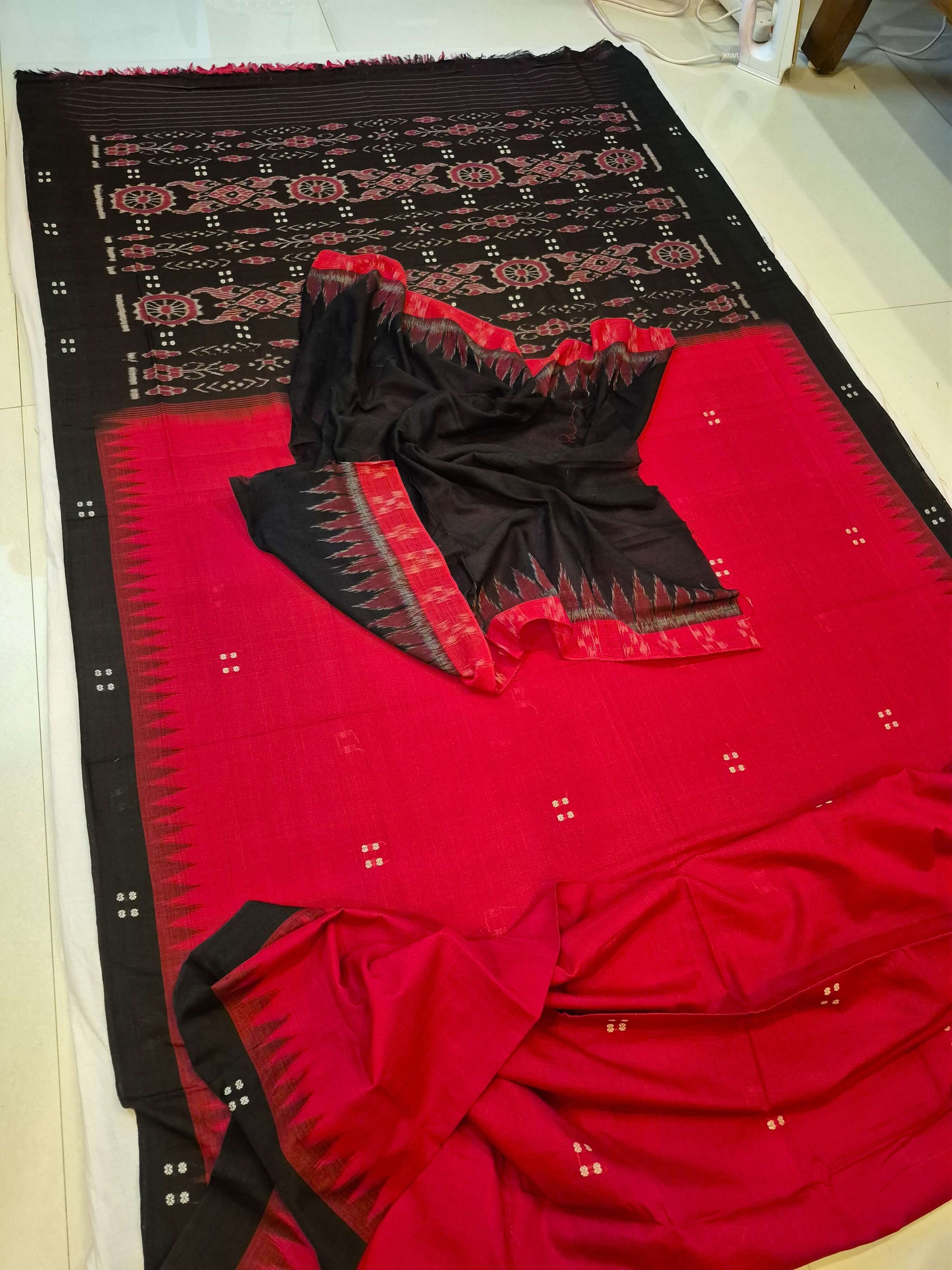 Red and Black Cotton Odisha Ikat saree with cotton ikat blouse piece