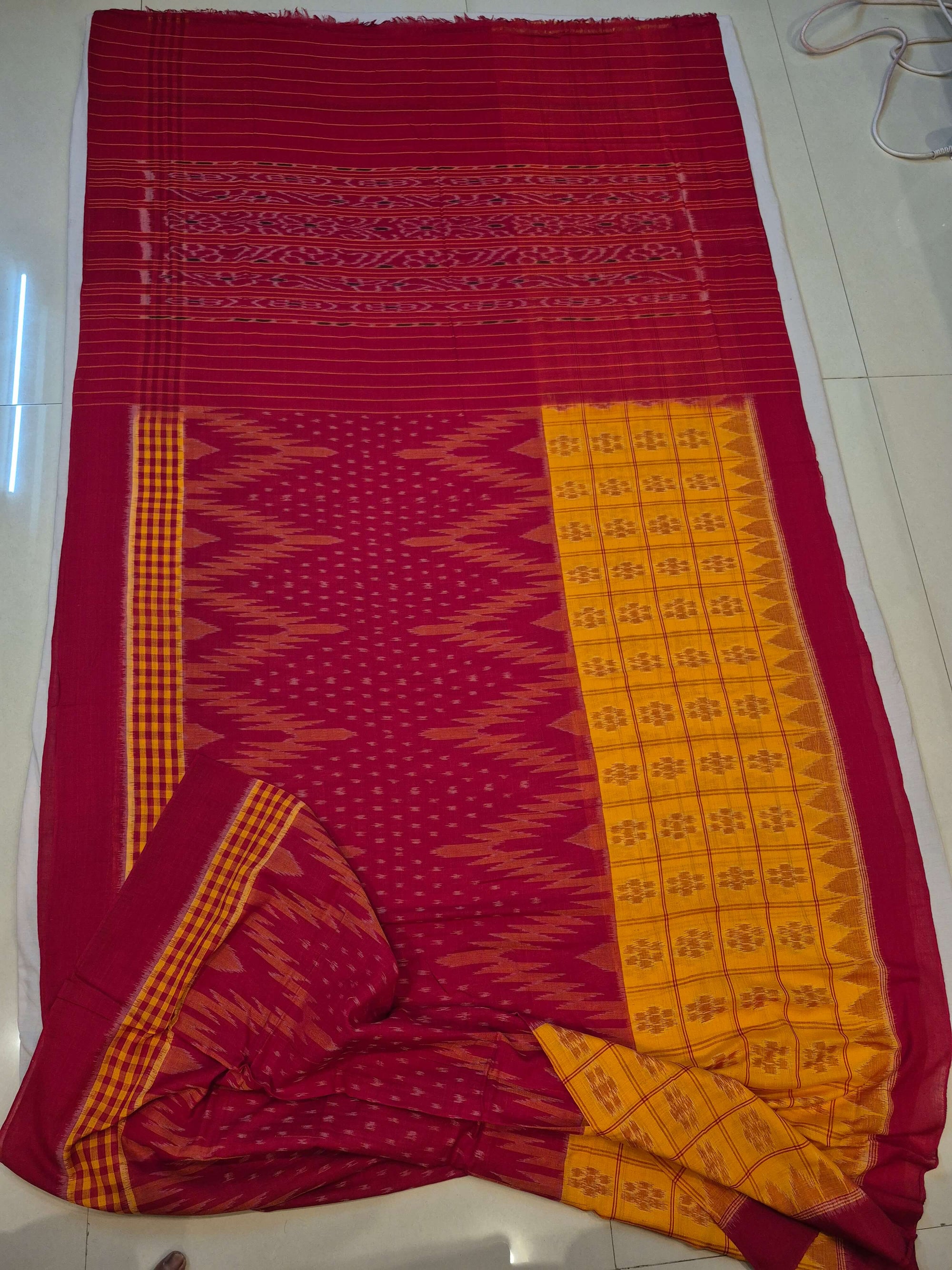 Yellow Red half half body coloured Odisha Ikat saree with cotton ikat blouse piece