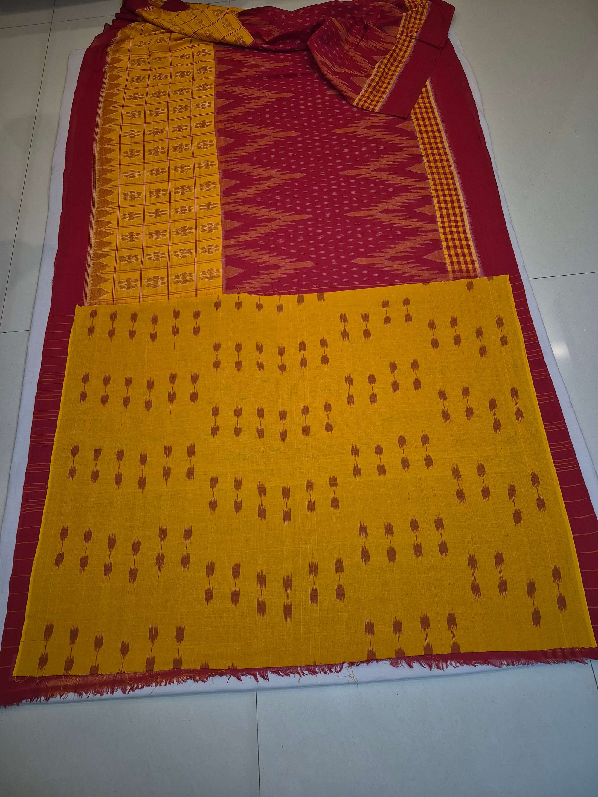 Yellow Red half half body coloured Odisha Ikat saree with cotton ikat blouse piece