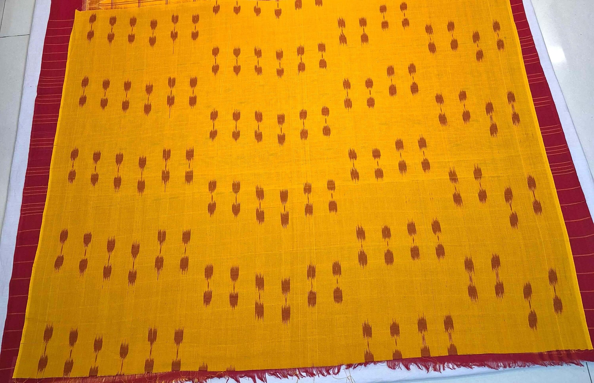 Greenish Yellow with Orange Odisha Khandua Silk Saree with cotton ikat blouse piece