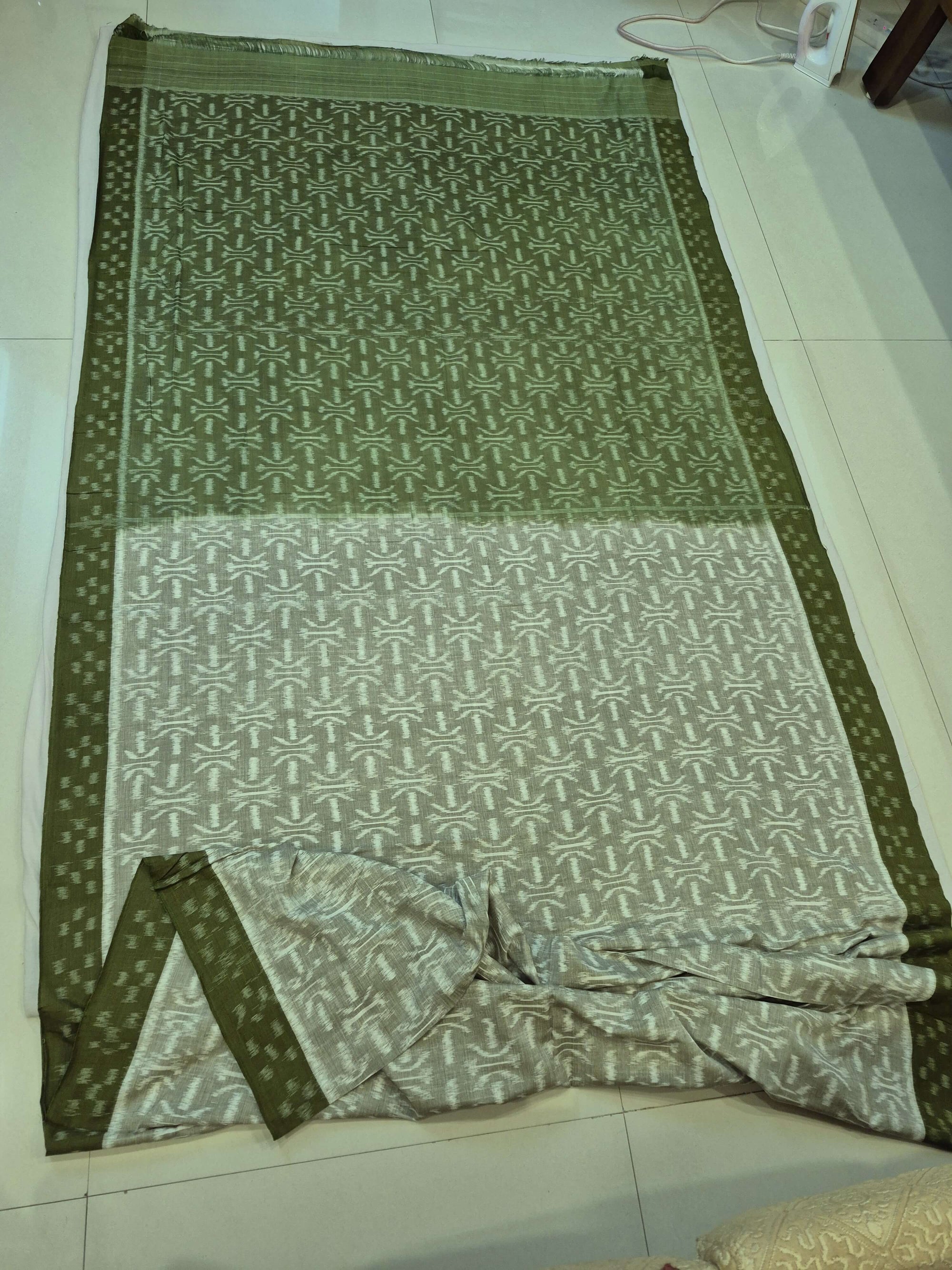 LightGreen Cotton Ikat saree with cotton ikat blouse piece