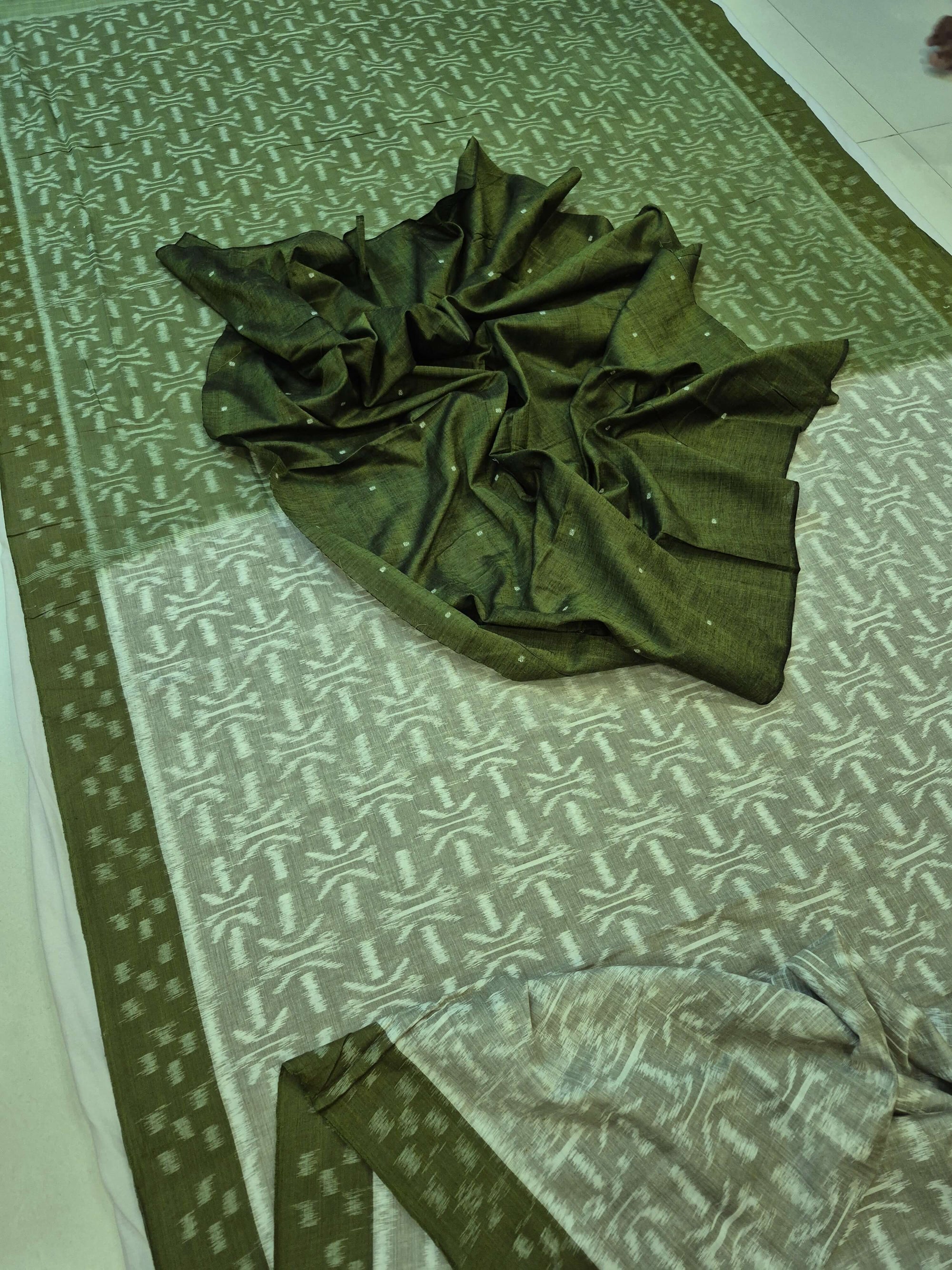 LightGreen Cotton Ikat saree with cotton ikat blouse piece