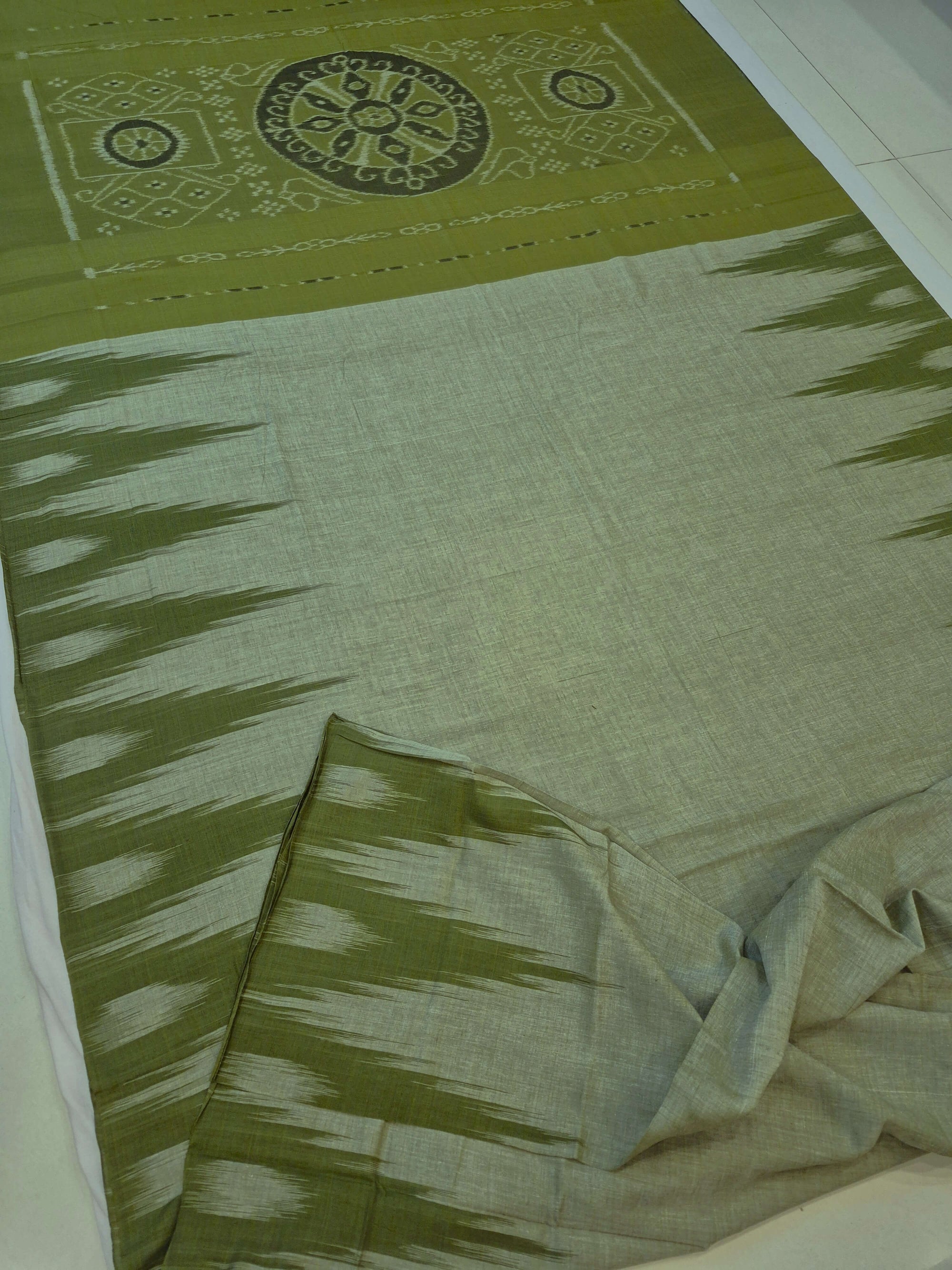 Green Cotton Odisha Ikat saree  with mix match cotton ikat blouse