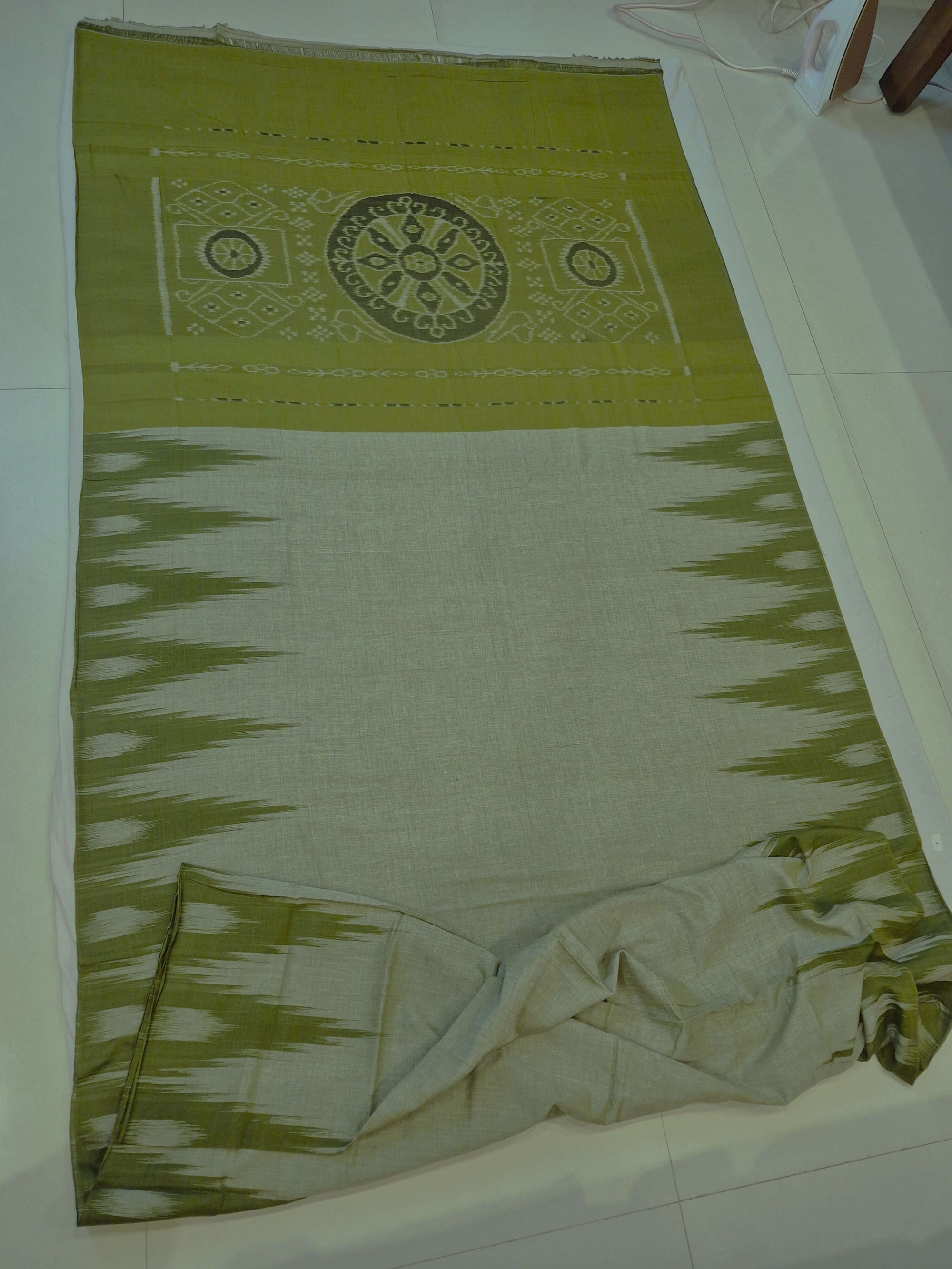Green Cotton Odisha Ikat saree  with mix match cotton ikat blouse