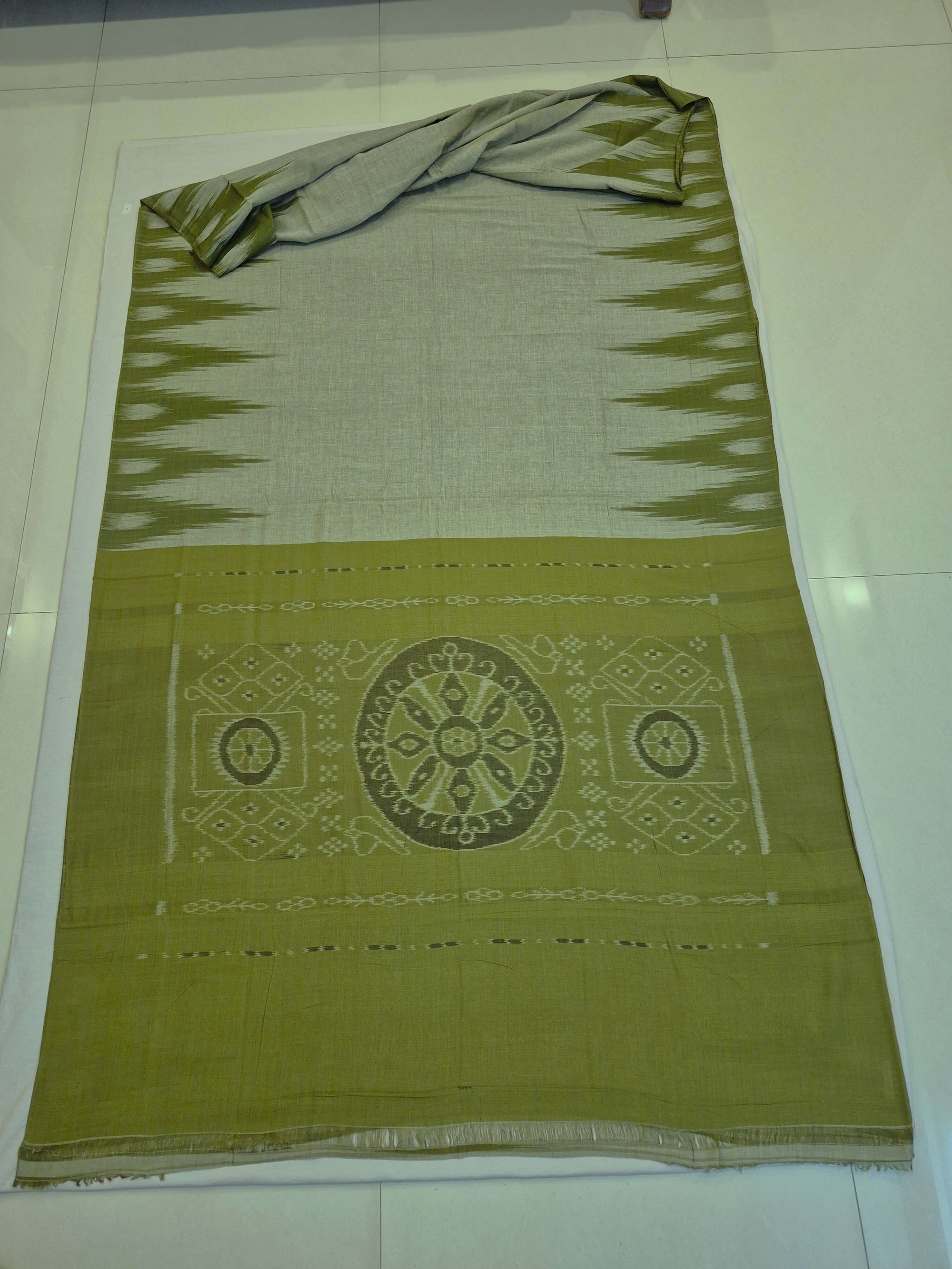 Green Cotton Odisha Ikat saree  with mix match cotton ikat blouse