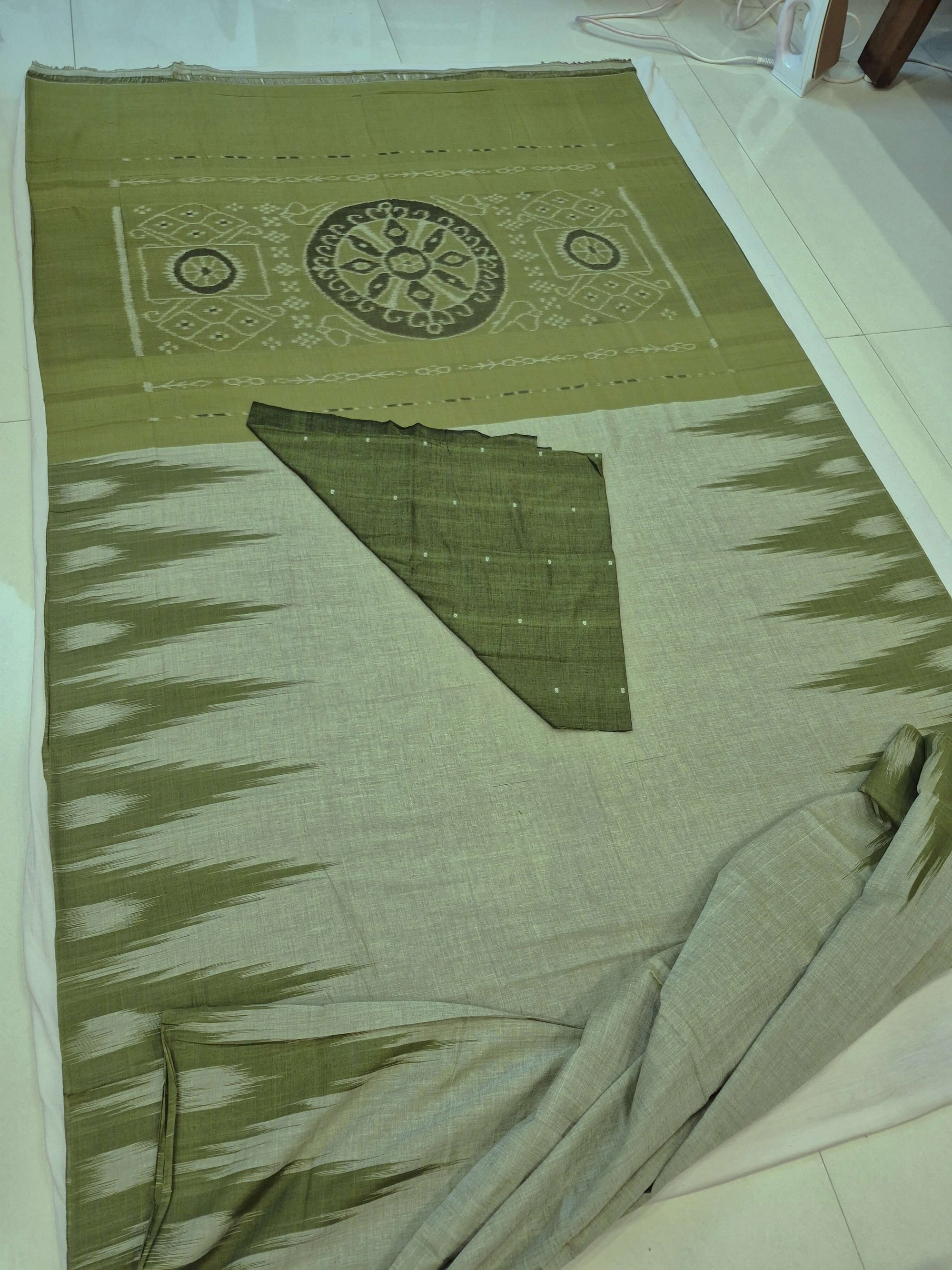 Green Cotton Odisha Ikat saree  with mix match cotton ikat blouse