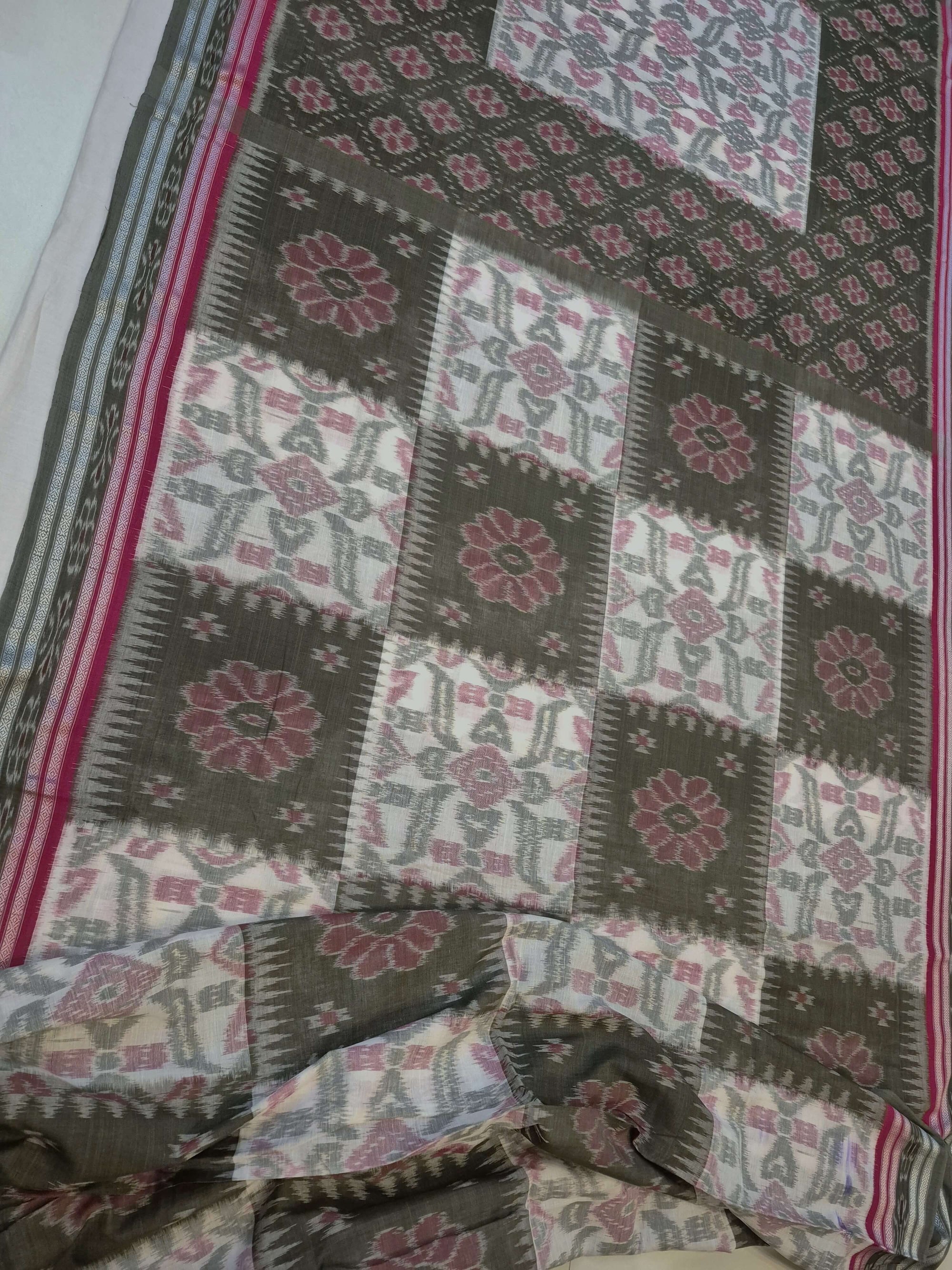 Green Red and White Odisha Ikat saree  with cotton ikat blouse piece