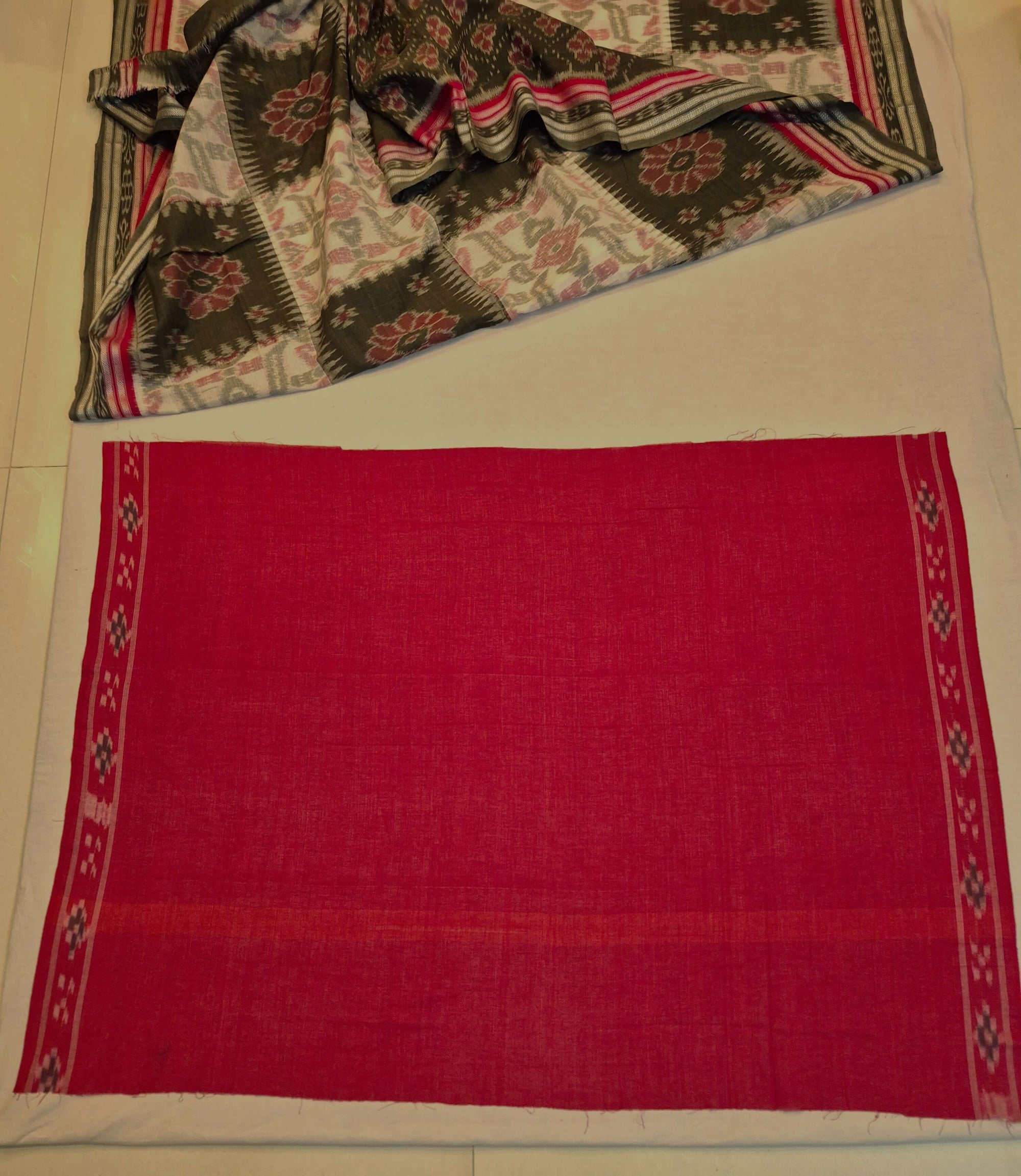 Green Red and White Odisha Ikat saree  with cotton ikat blouse piece