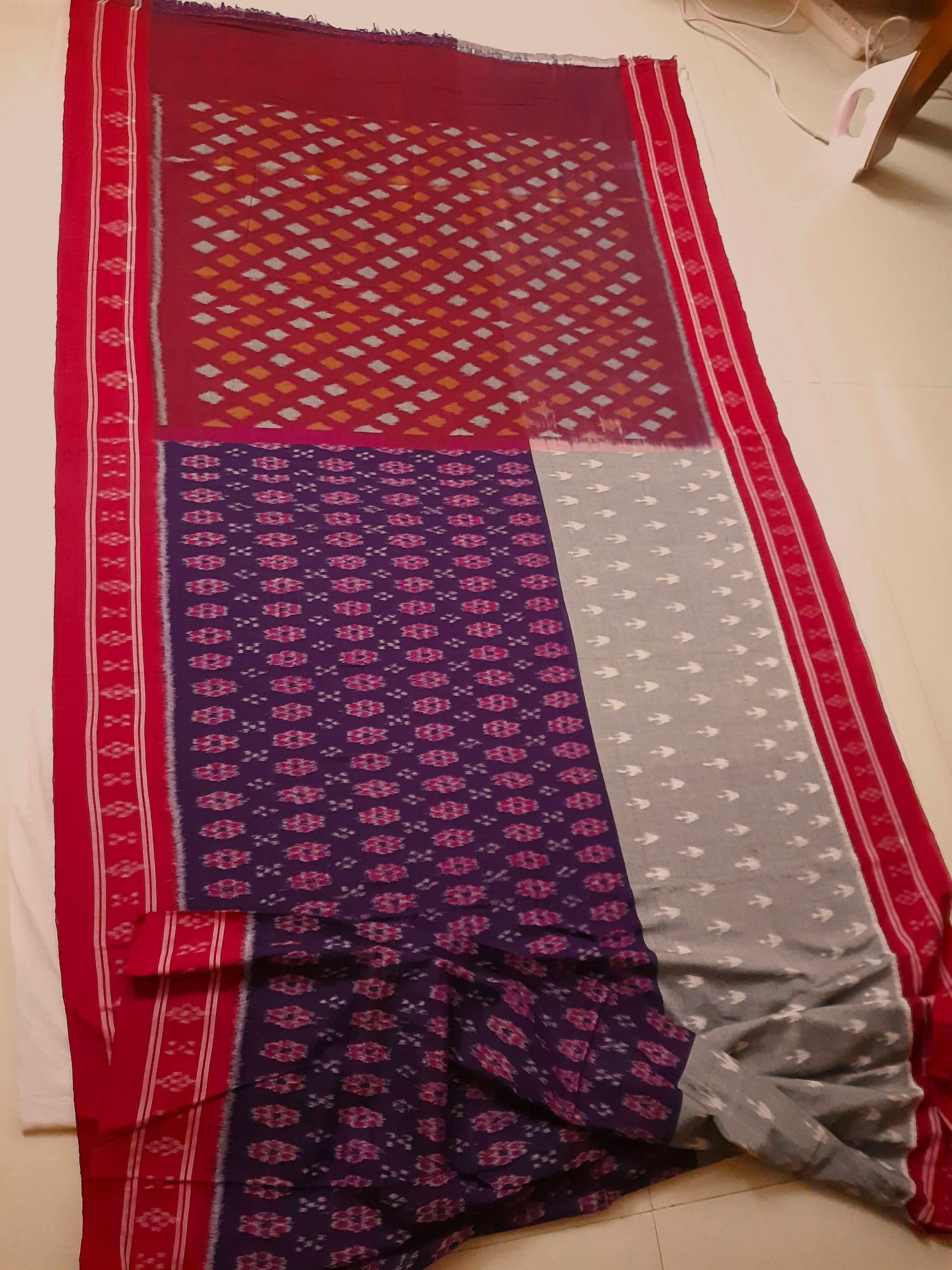 Purple with Grey double coloured Cotton Ikat saree with cotton ikat blouse piece