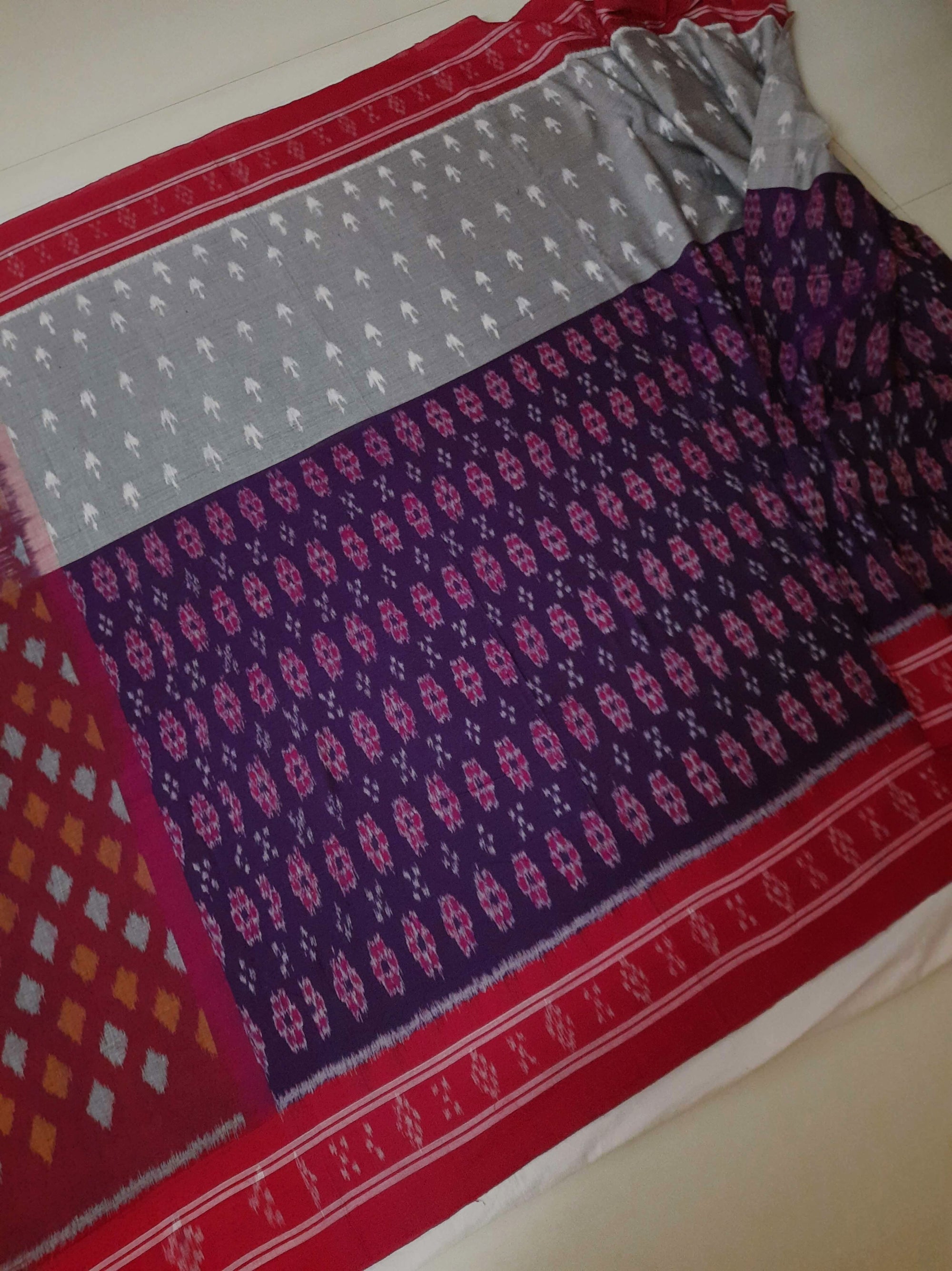 Purple with Grey double coloured Cotton Ikat saree with cotton ikat blouse piece