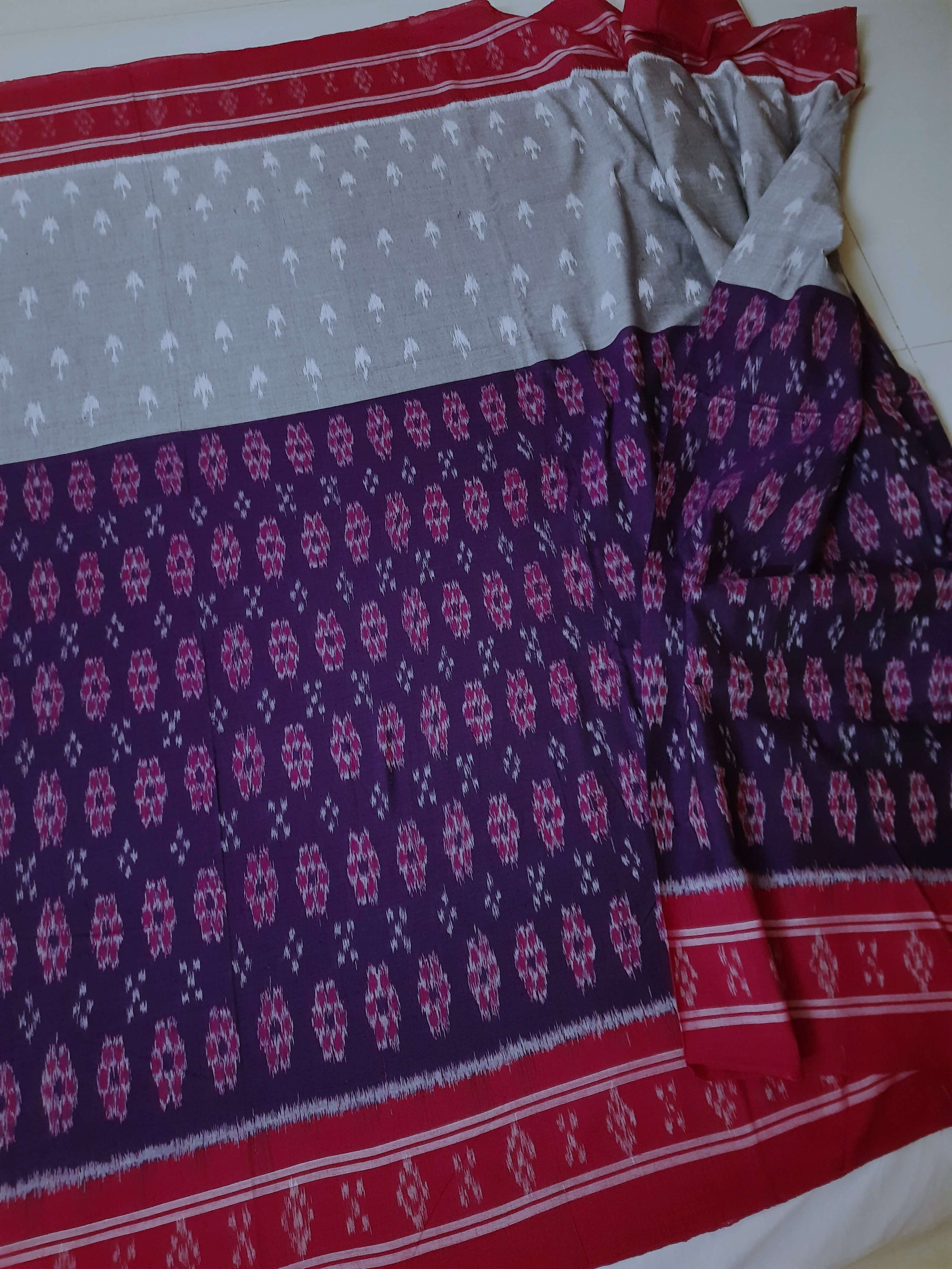 Purple with Grey double coloured Cotton Ikat saree with cotton ikat blouse piece