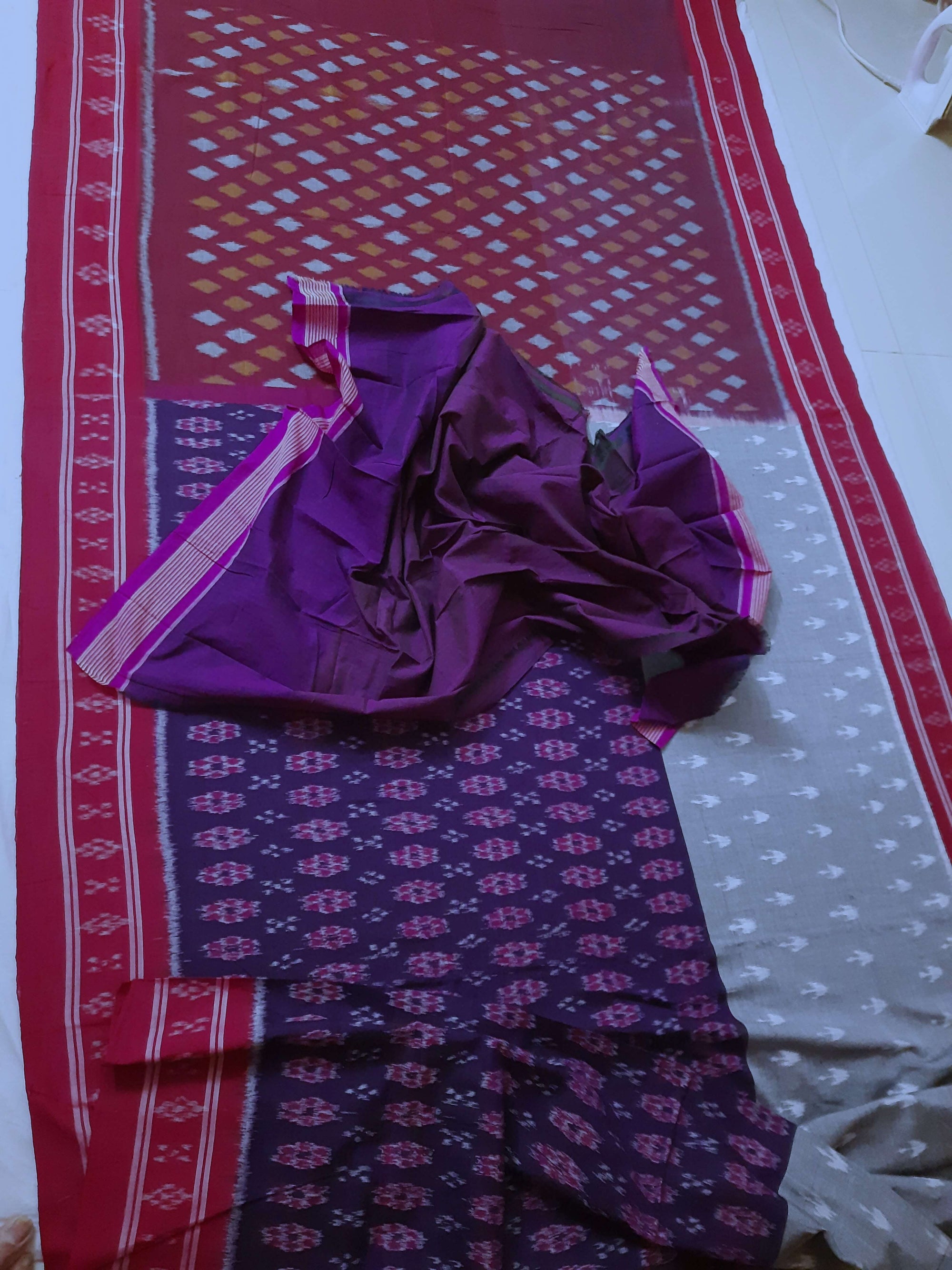 Purple with Grey double coloured Cotton Ikat saree with cotton ikat blouse piece