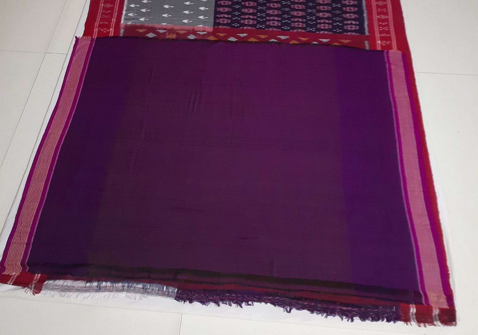 Purple with Grey double coloured Cotton Ikat saree with cotton ikat blouse piece