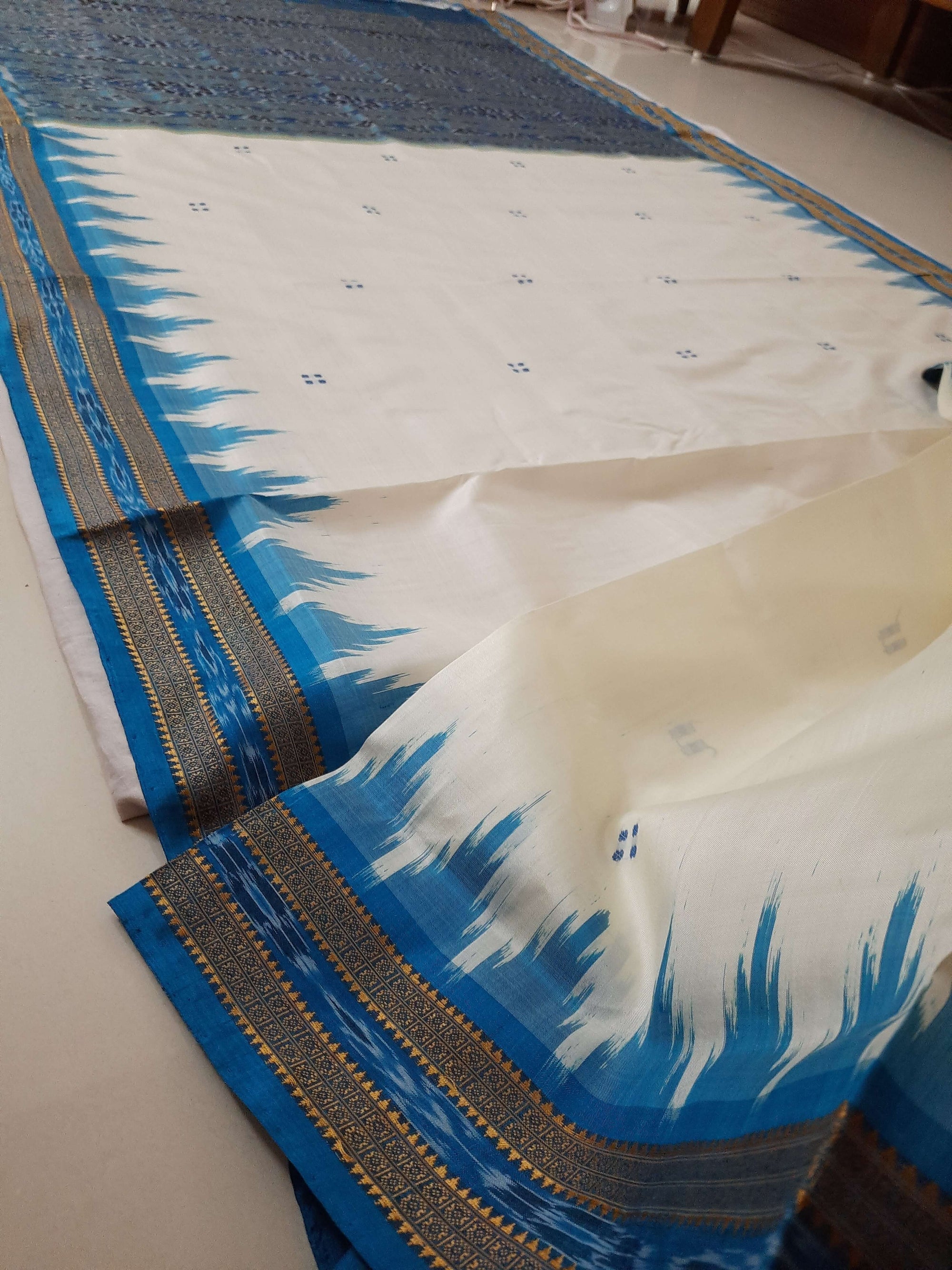 Off-white Odisha Khandua Pata Silk Saree with cotton ikat blouse piece