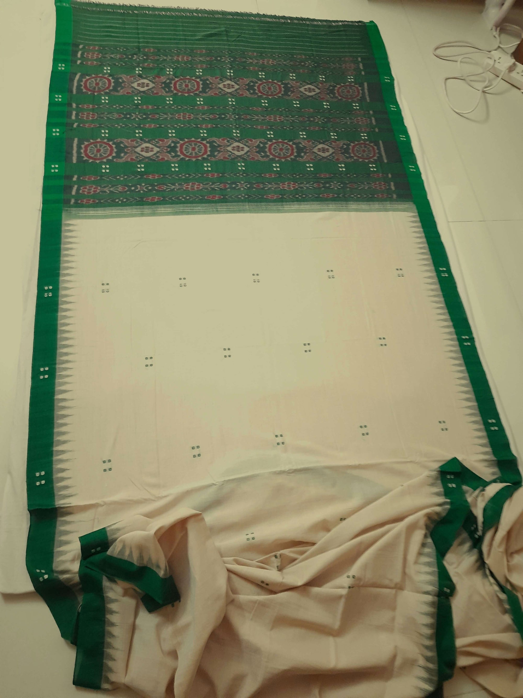 Beige with Green Cotton Odisha Ikat saree  with mix match cotton ikat blouse