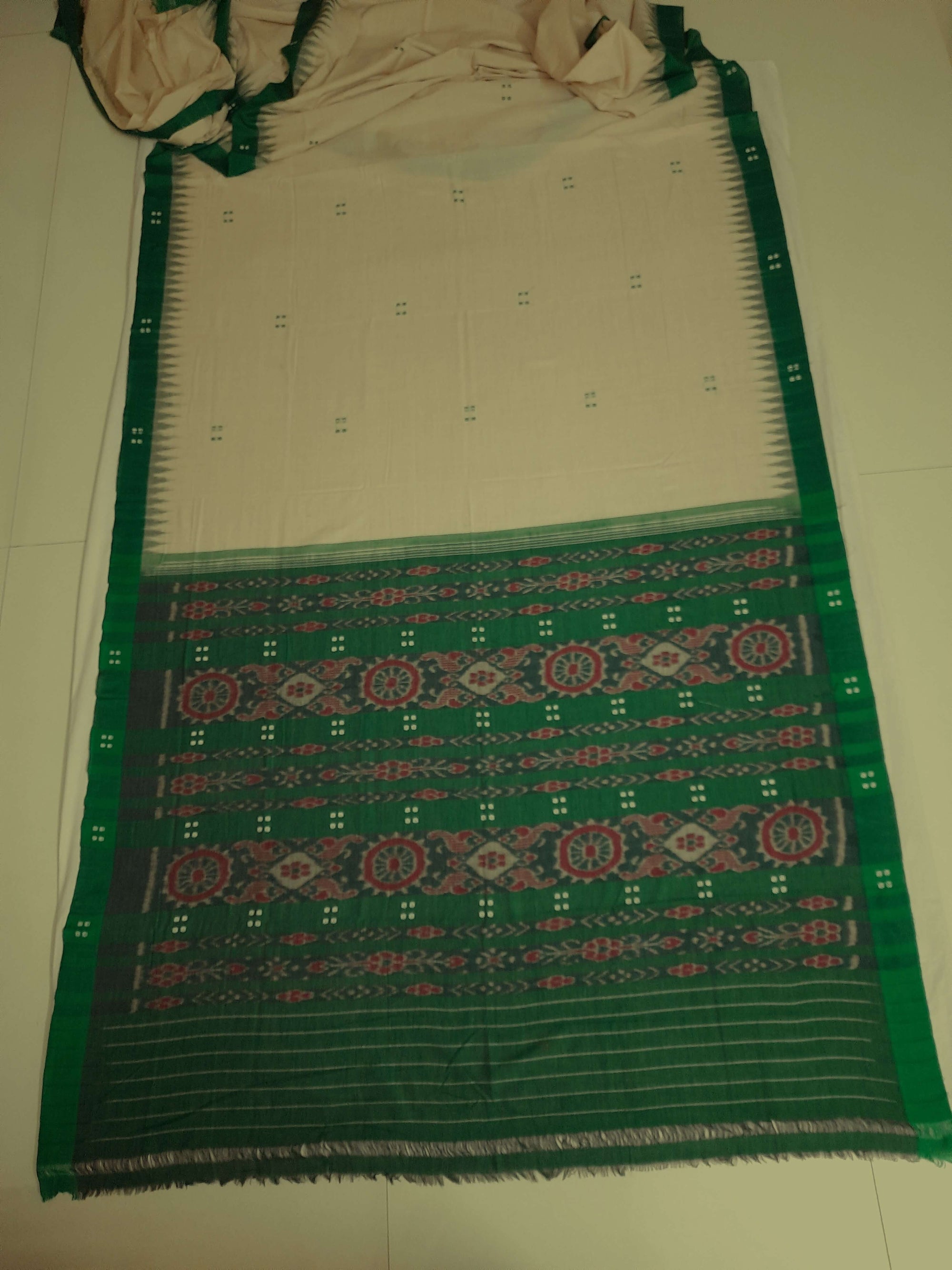 Beige with Green Cotton Odisha Ikat saree  with mix match cotton ikat blouse