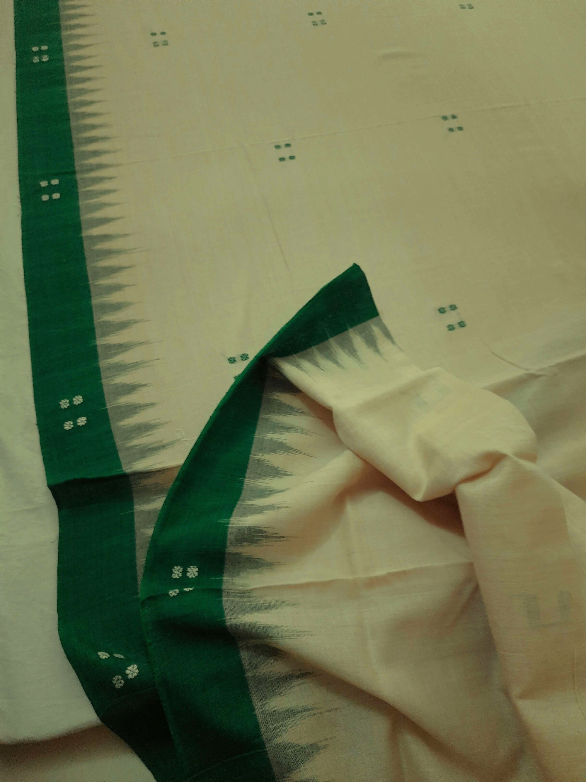 Beige with Green Cotton Odisha Ikat saree  with mix match cotton ikat blouse