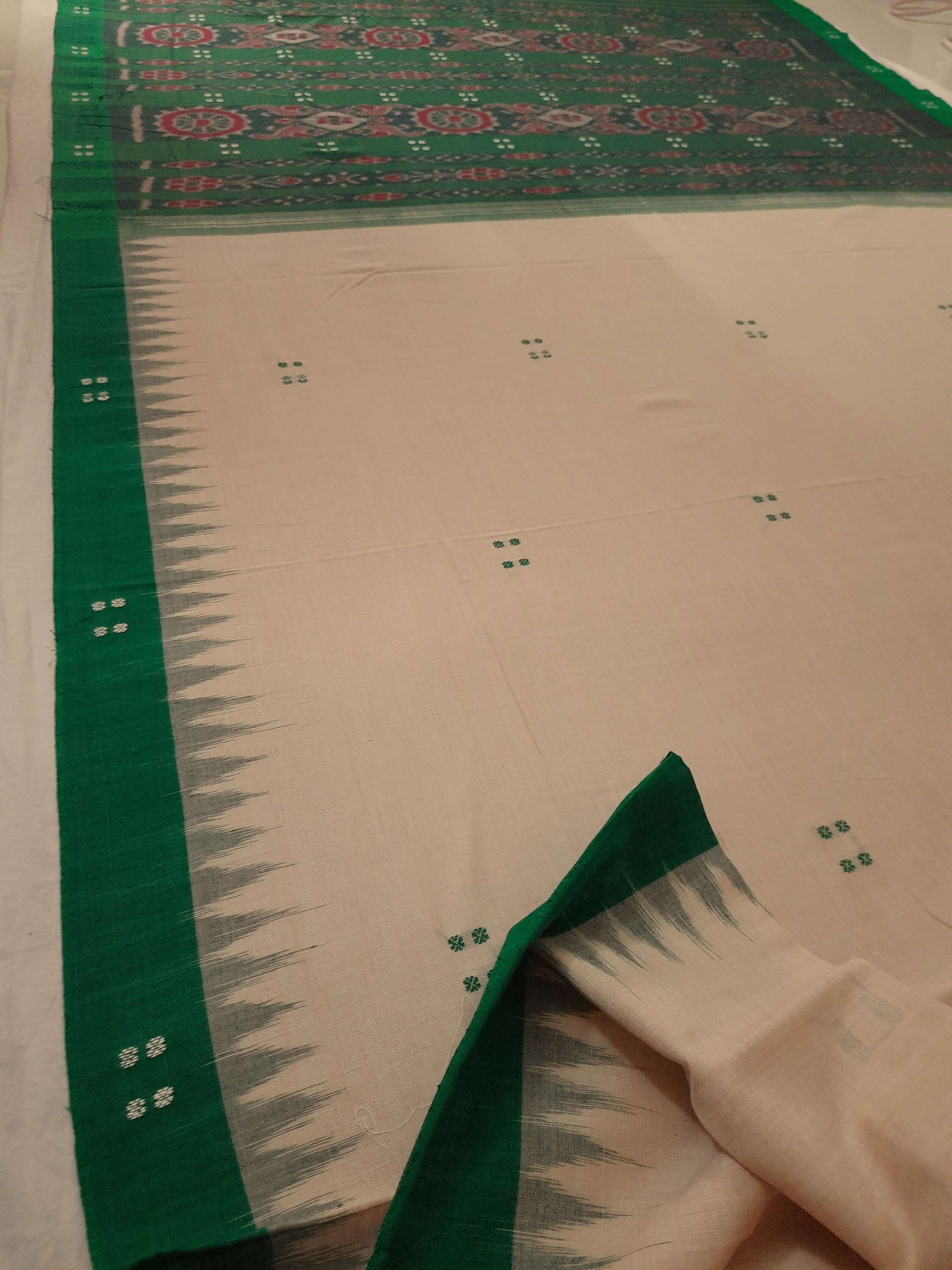 Beige with Green Cotton Odisha Ikat saree  with mix match cotton ikat blouse