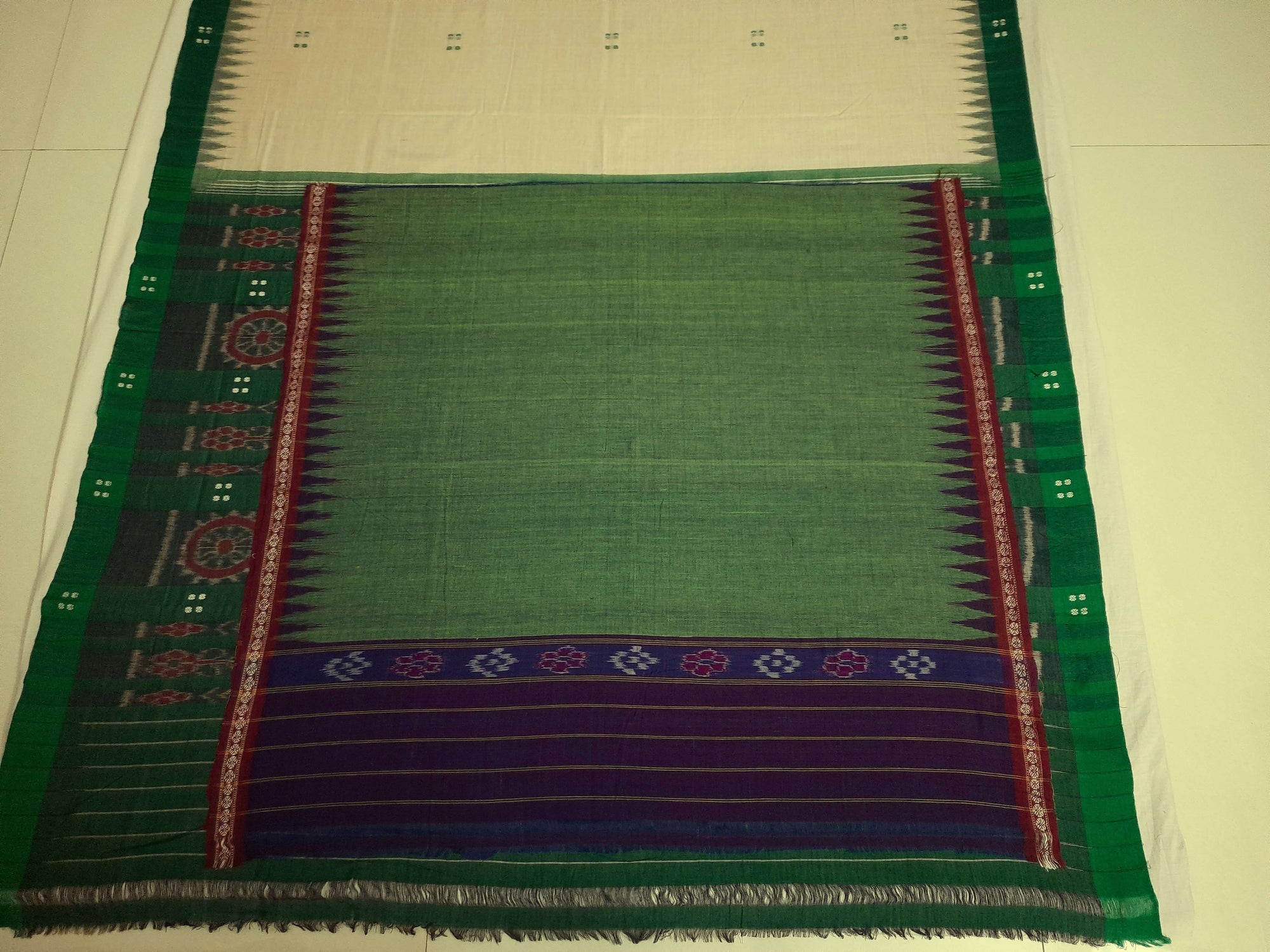 Beige with Green Cotton Odisha Ikat saree  with mix match cotton ikat blouse