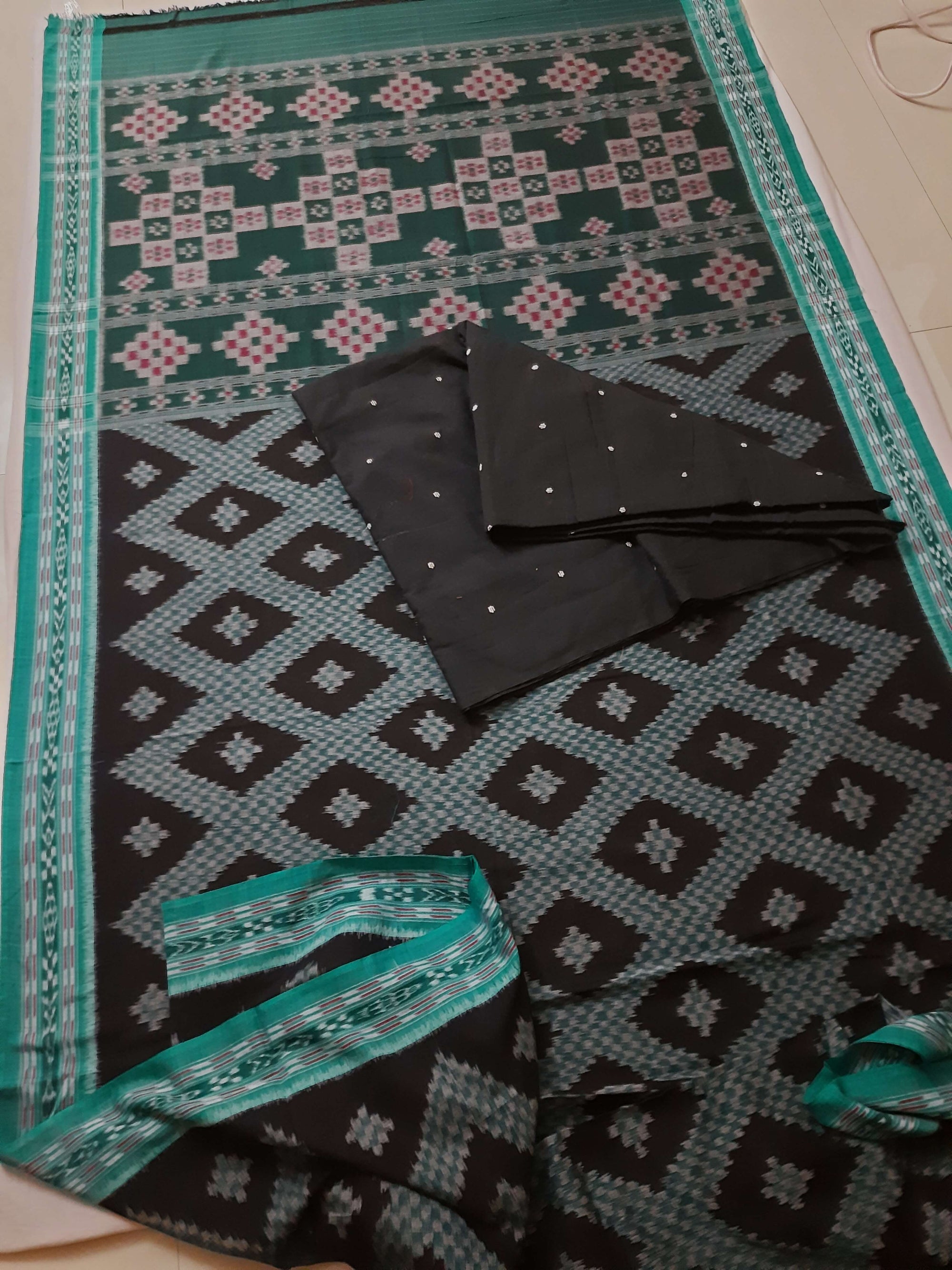 Black Cotton Tarabali Odisha Ikat saree with mix match cotton ikat blouse piece