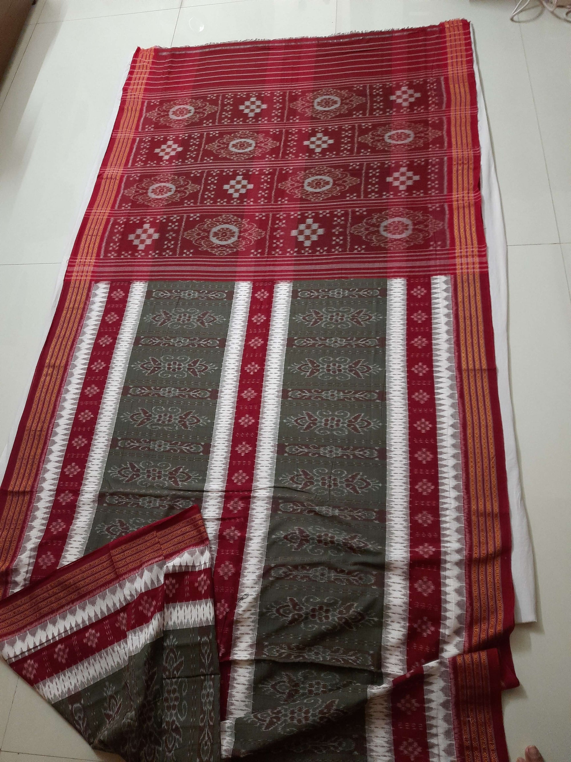 Green with Maroon Cotton Ikat saree with cotton ikat blouse piece
