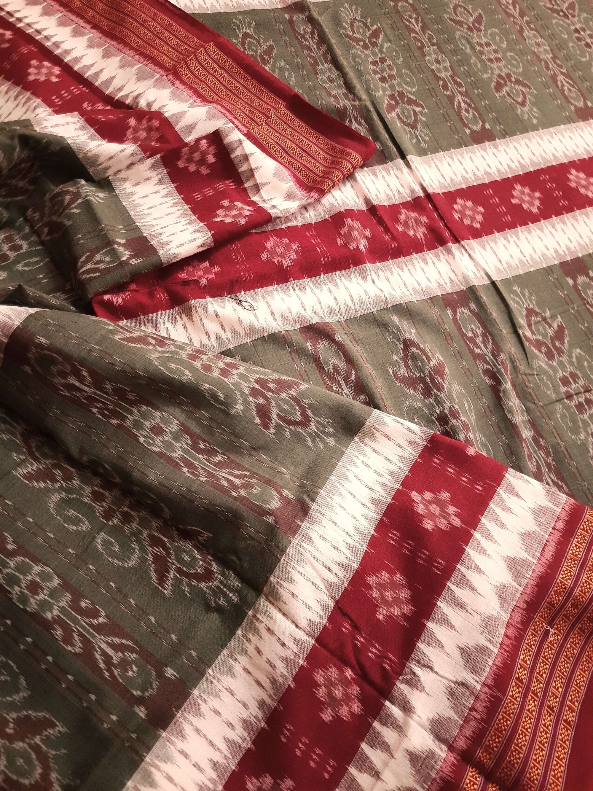 Green with Maroon Cotton Ikat saree with cotton ikat blouse piece