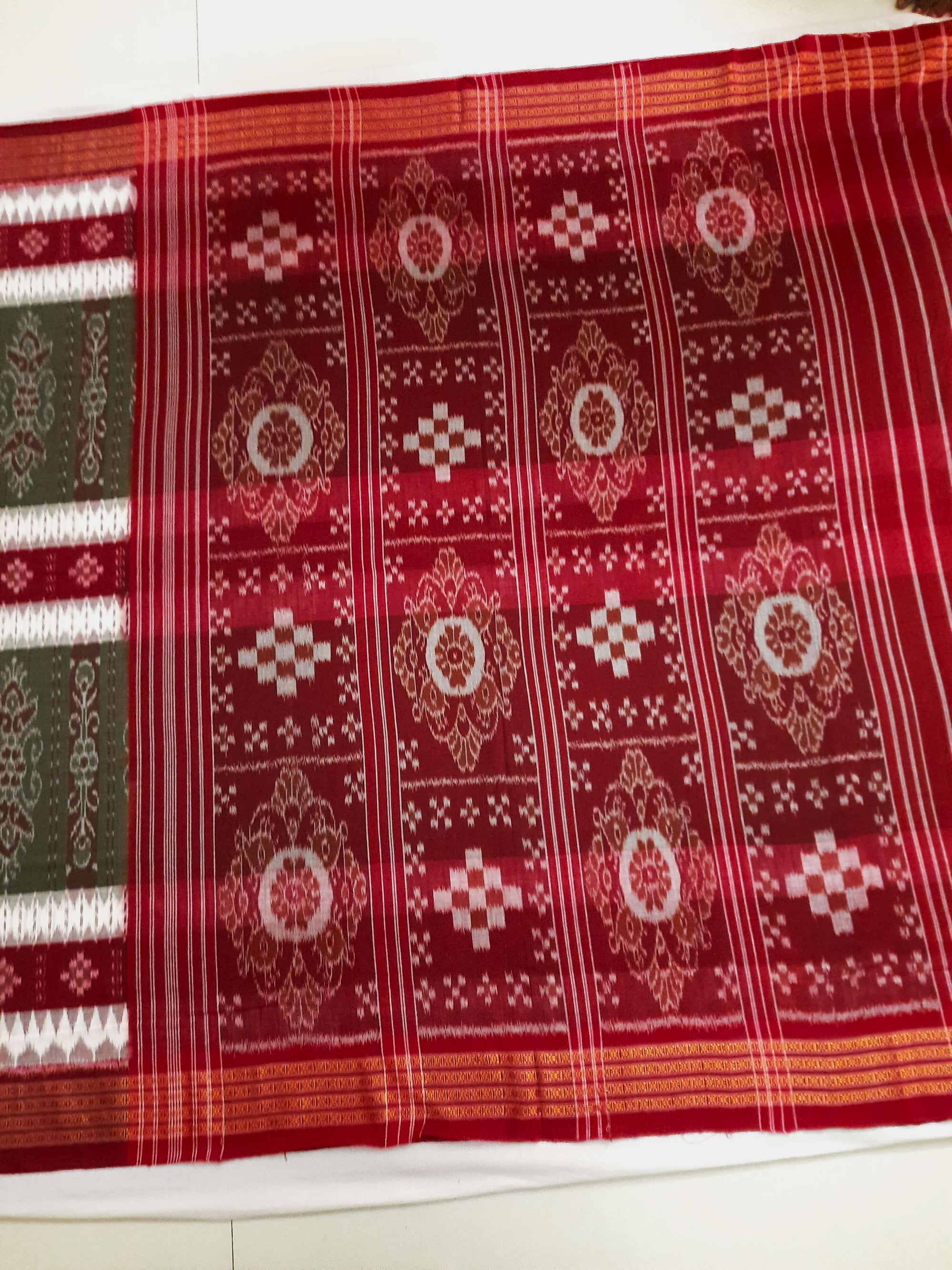 Green with Maroon Cotton Ikat saree with cotton ikat blouse piece