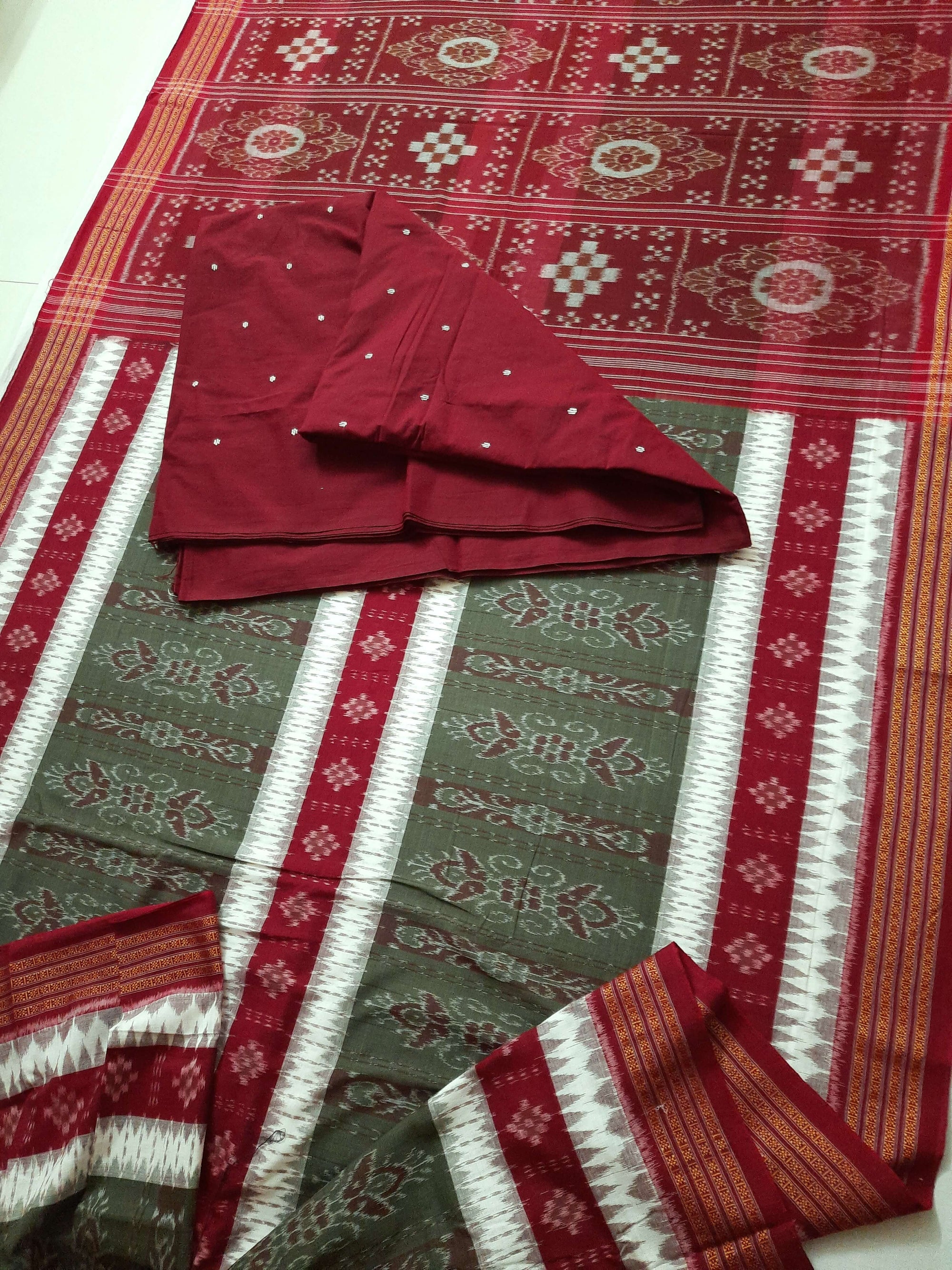 Green with Maroon Cotton Ikat saree with cotton ikat blouse piece