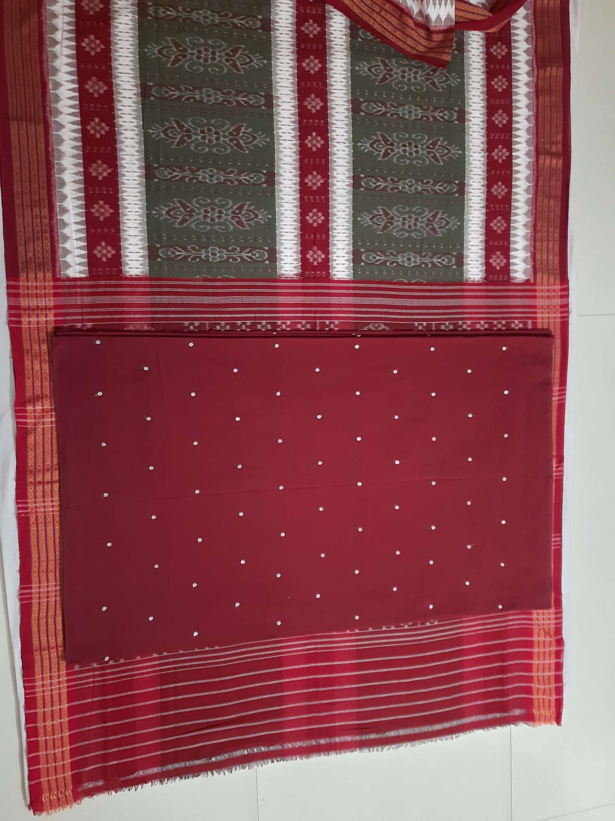 Green with Maroon Cotton Ikat saree with cotton ikat blouse piece