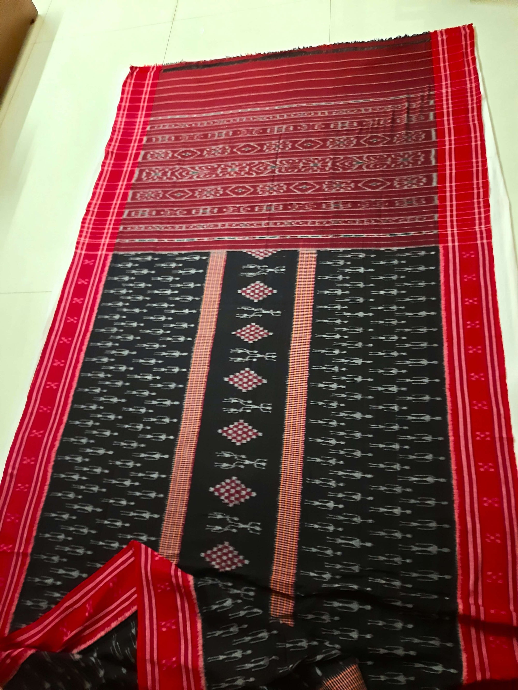 Black and Red Cotton Ikat saree with cotton ikat blouse piece