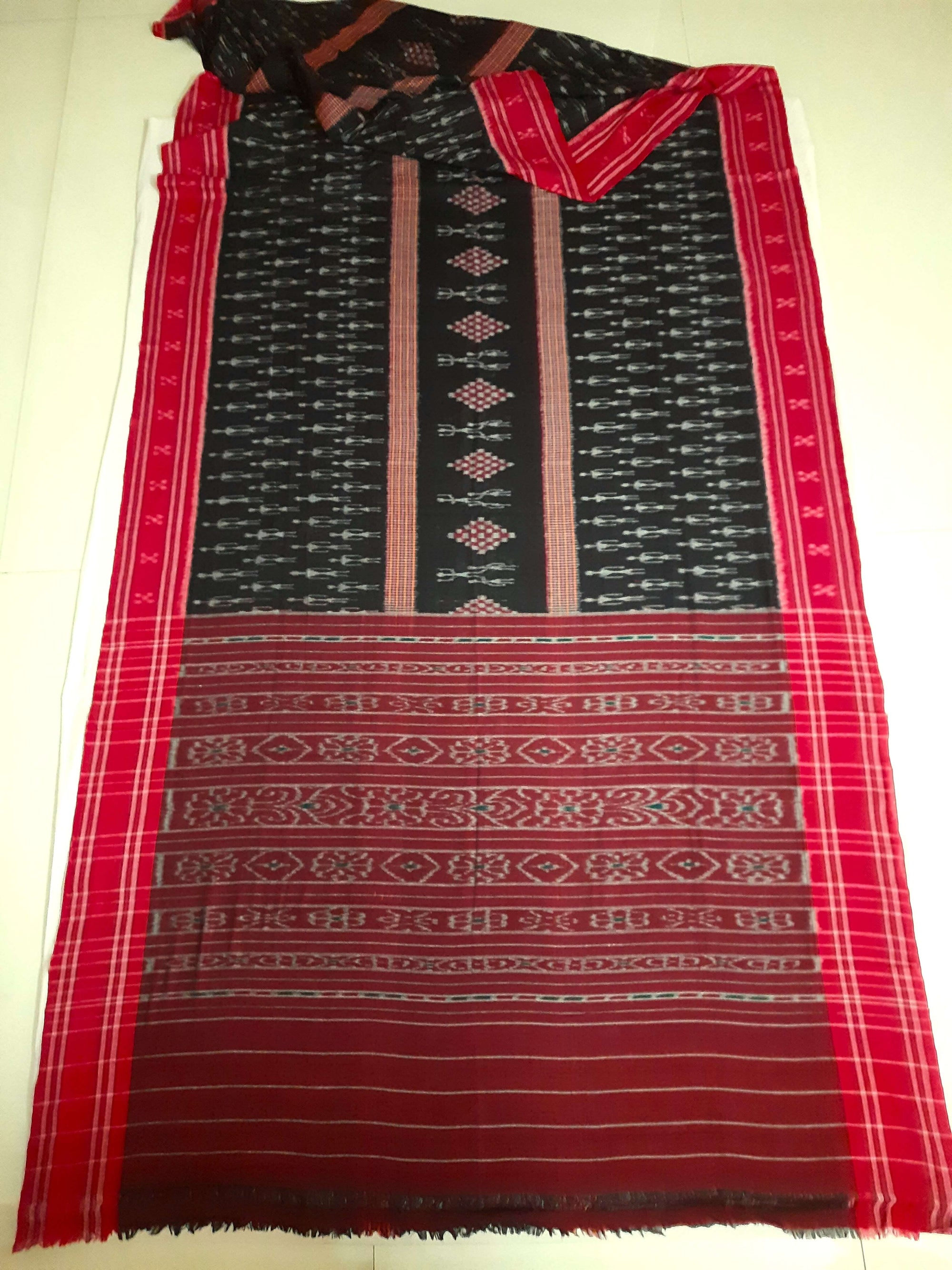 Black and Red Cotton Ikat saree with cotton ikat blouse piece