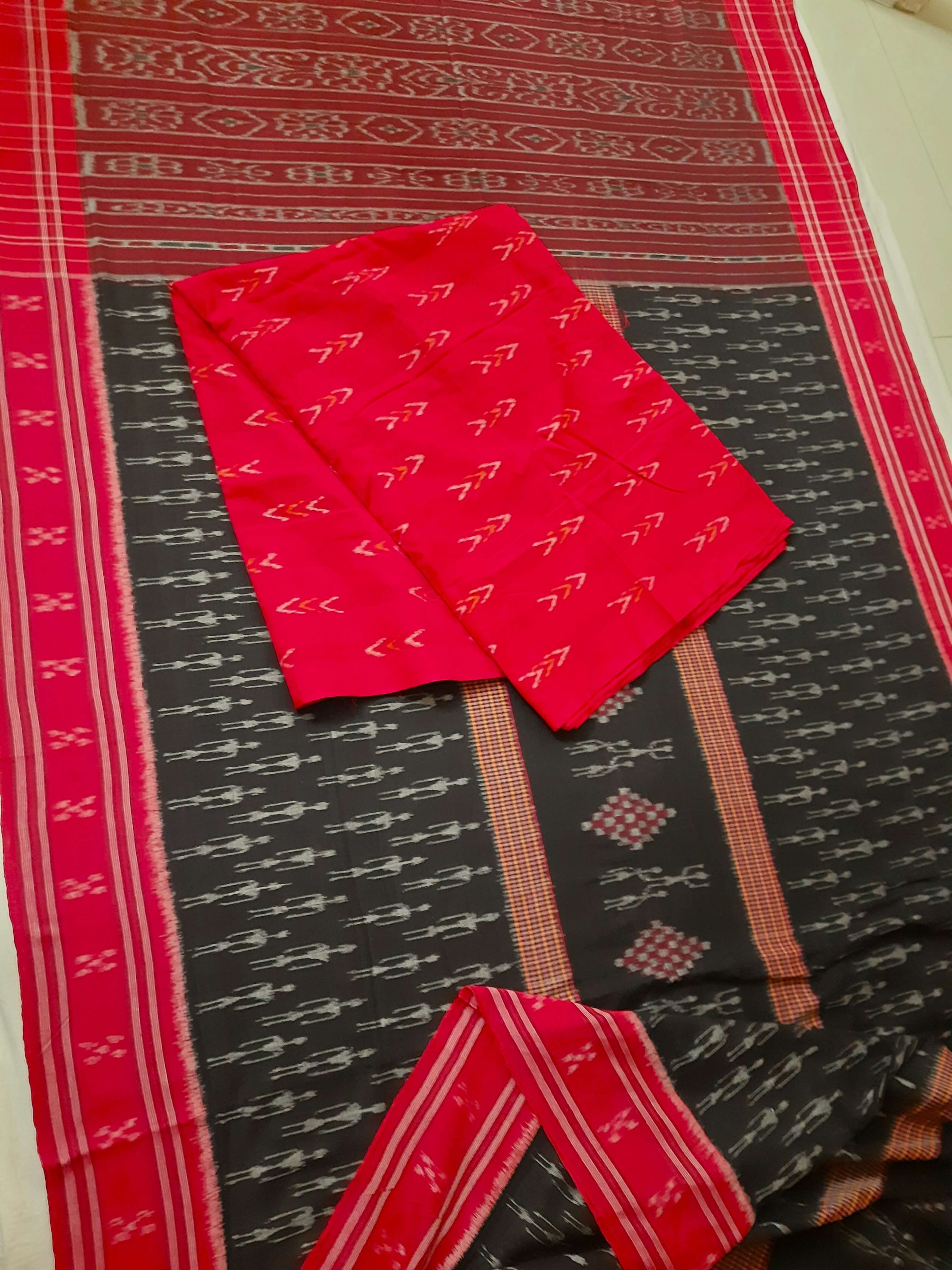 Black and Red Cotton Ikat saree with cotton ikat blouse piece